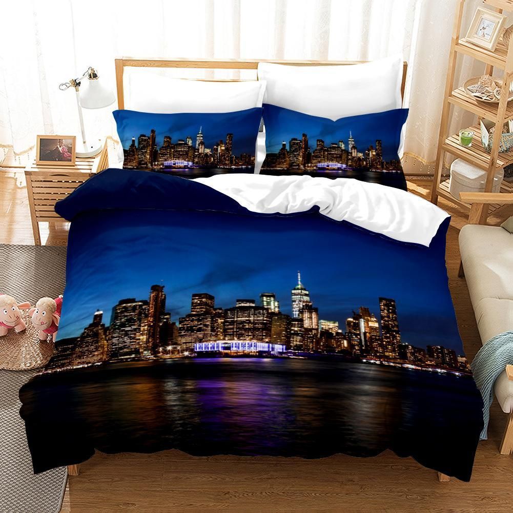 3d Blue City Building Night River Comfortable Bedding Set