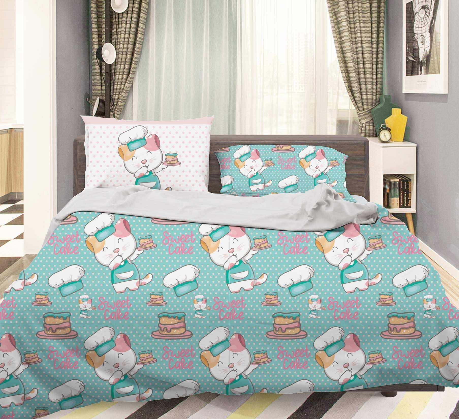 3d Blue Cooking Cat Kitty Bedding Set