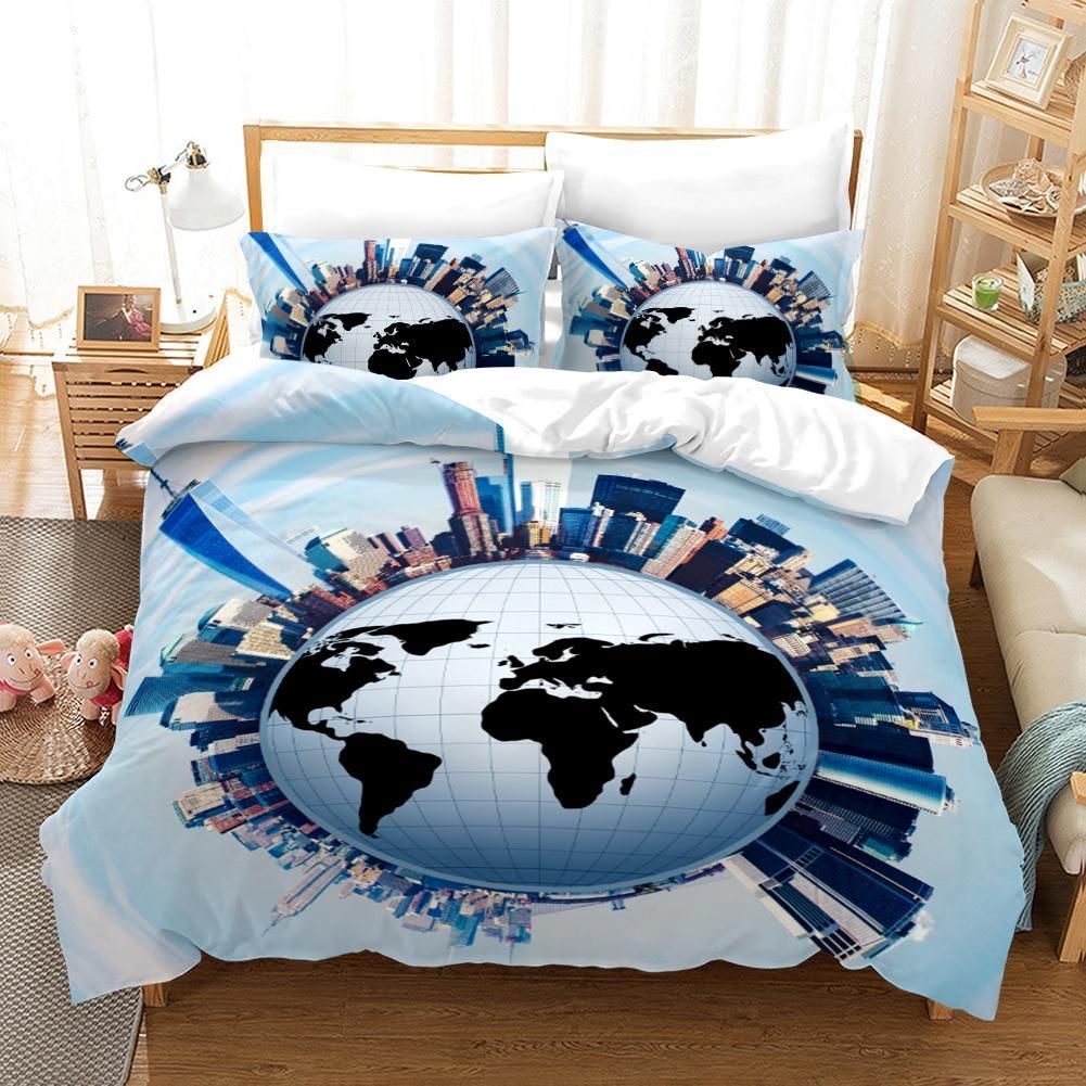 3d Blue Earth Building Bedding Set