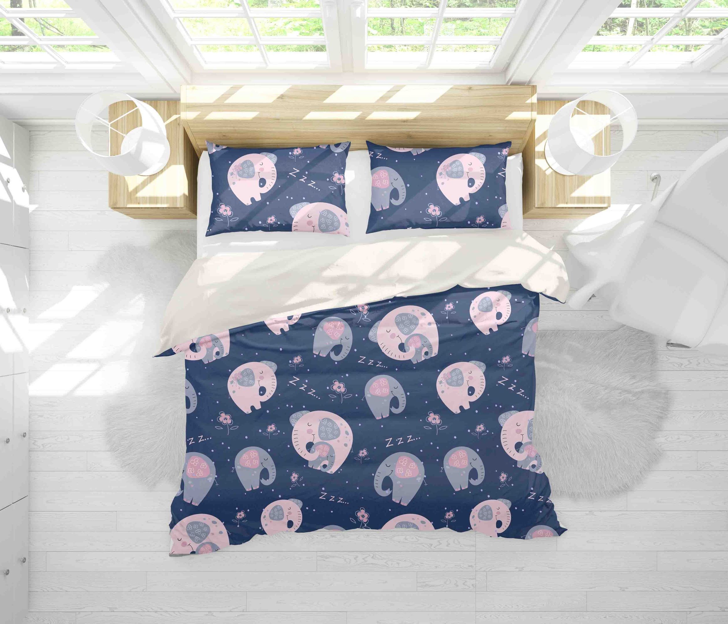 3d Blue Elephant Pattern Bedding Set