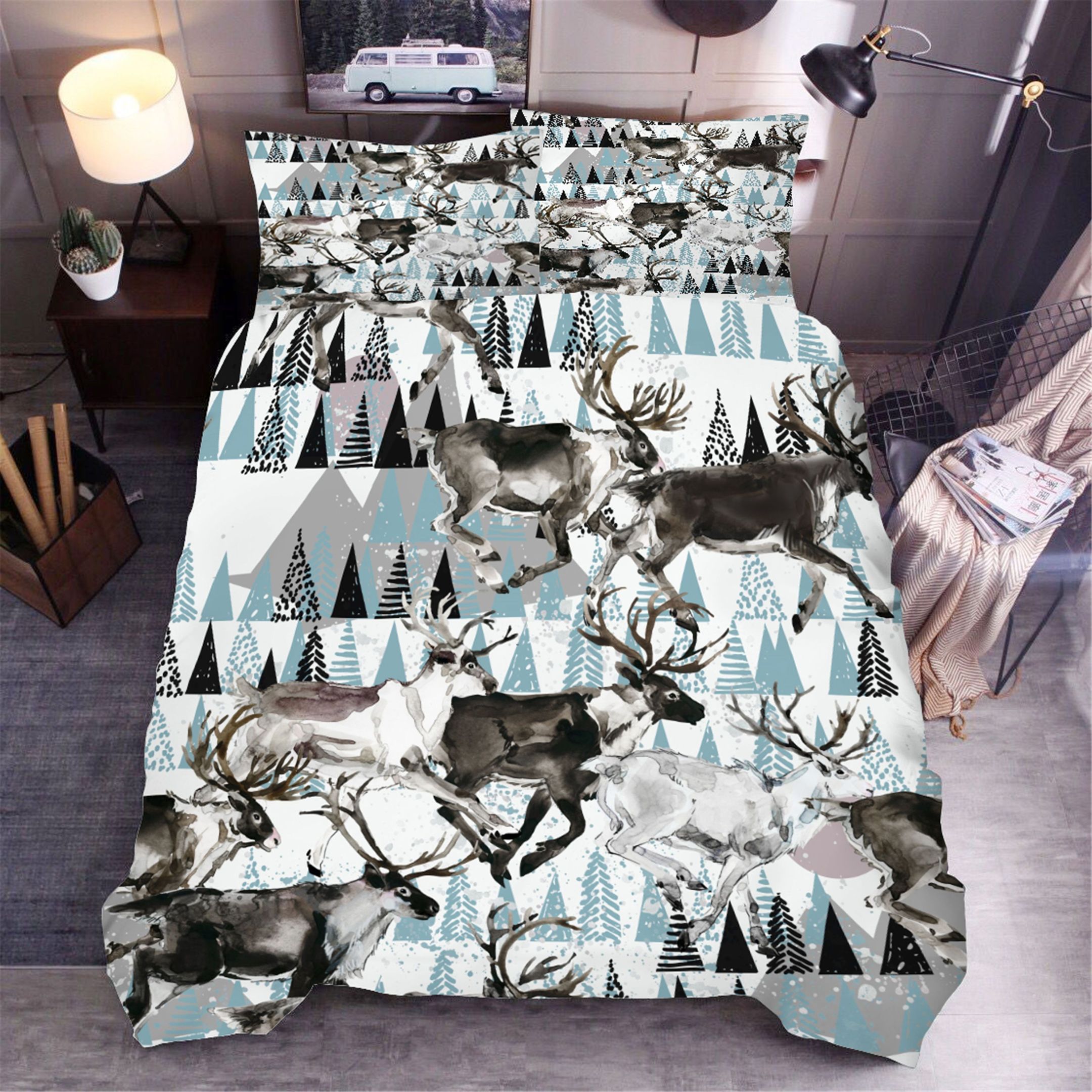 3d Blue Elk Pine Trees Bedding Set