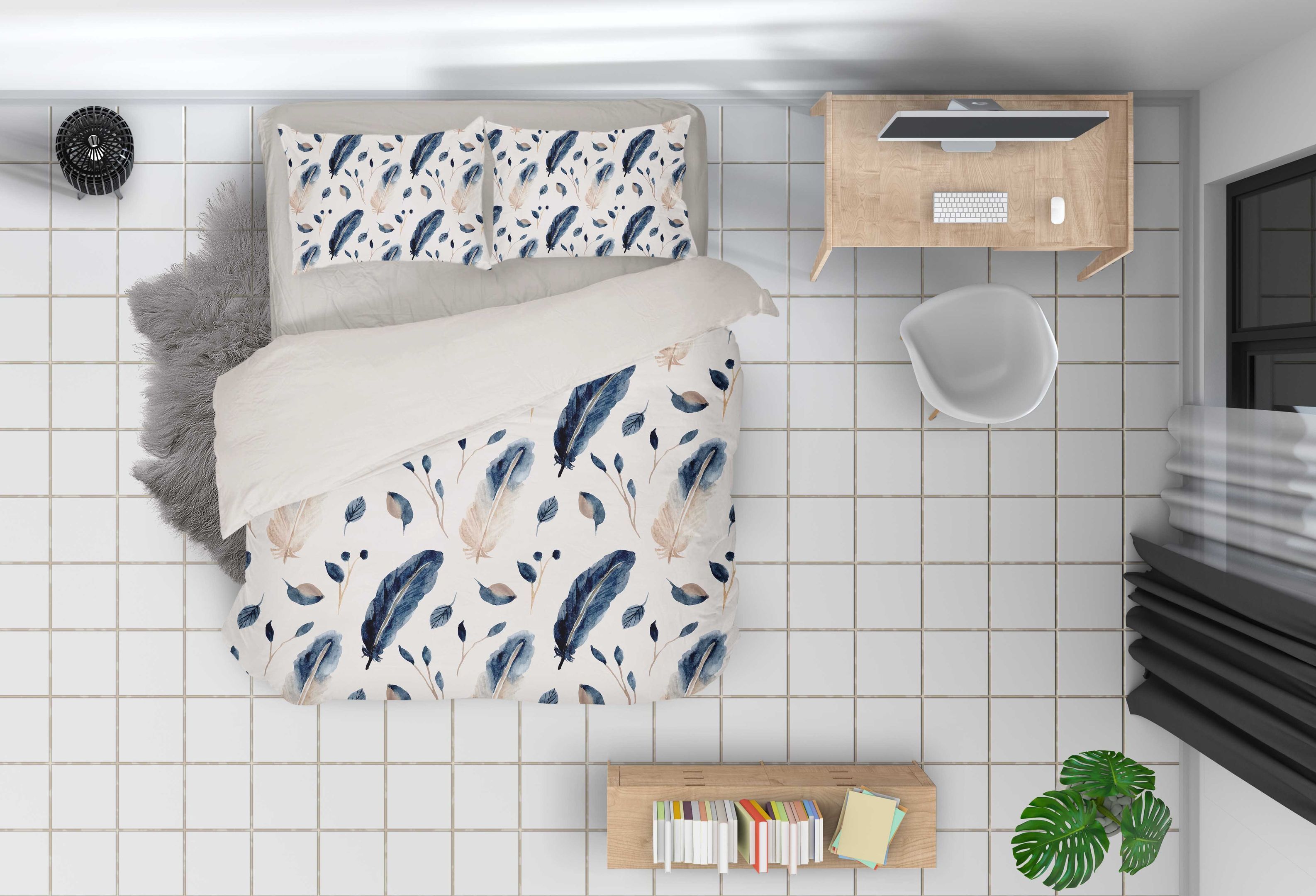 3d Blue Feather Pattern Bedding Set