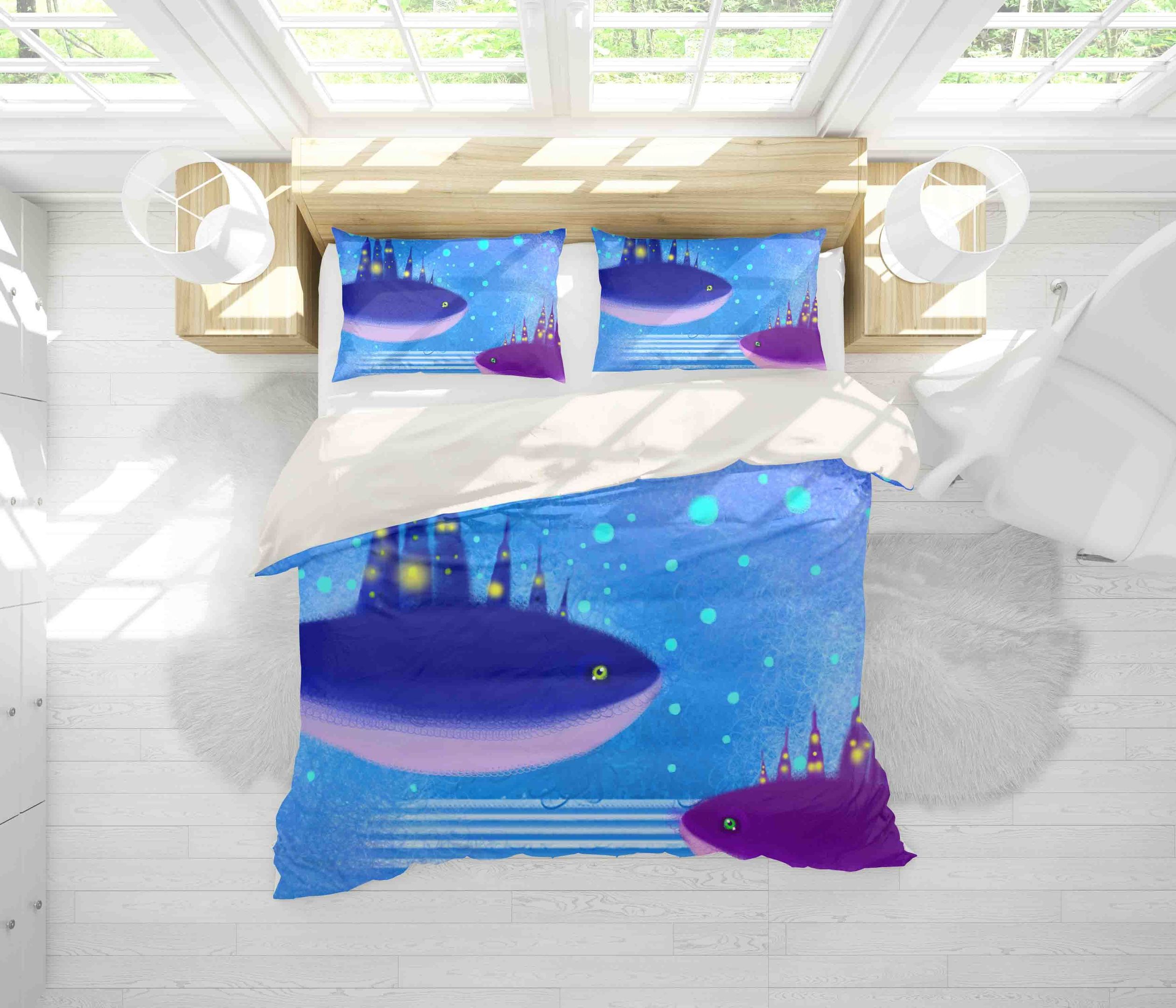 3d Blue Fish Beautiful Night Bedding Set