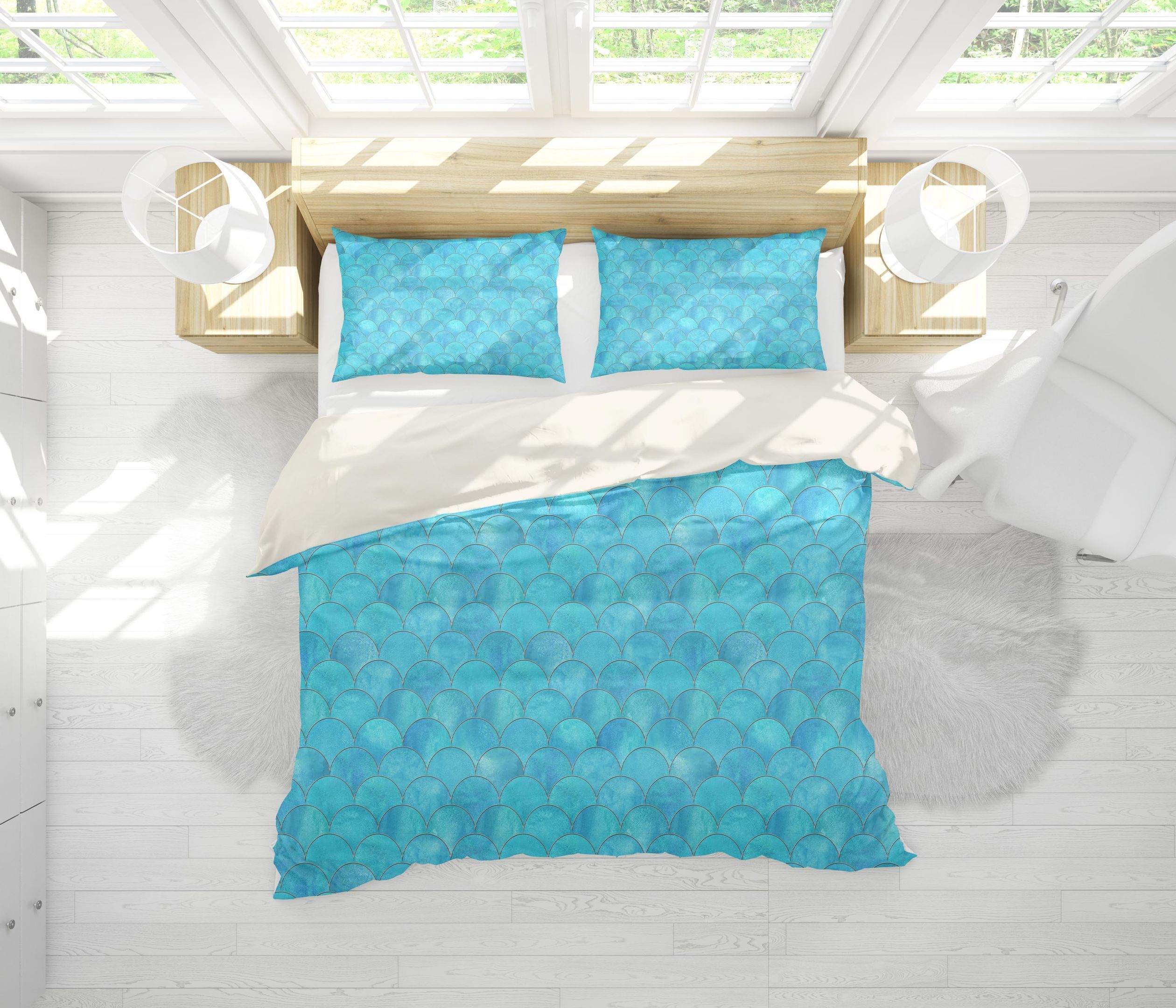3d Blue Fish Scale Pattern Bedding Set