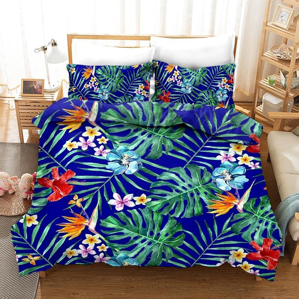 3d Blue Floral And Green Tropical Leaf Bedding Set