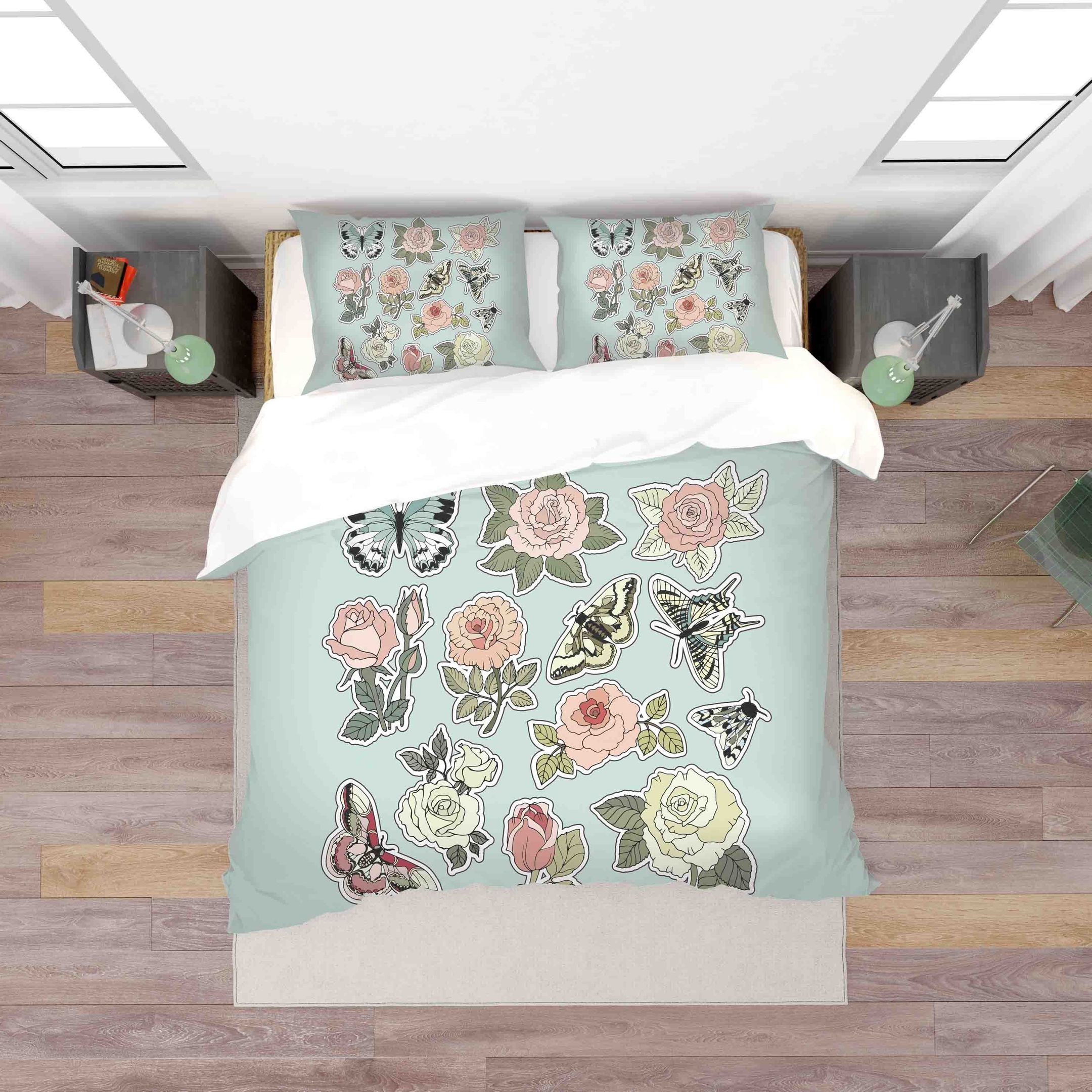 3d Blue Floral Butterfly Bedding Set