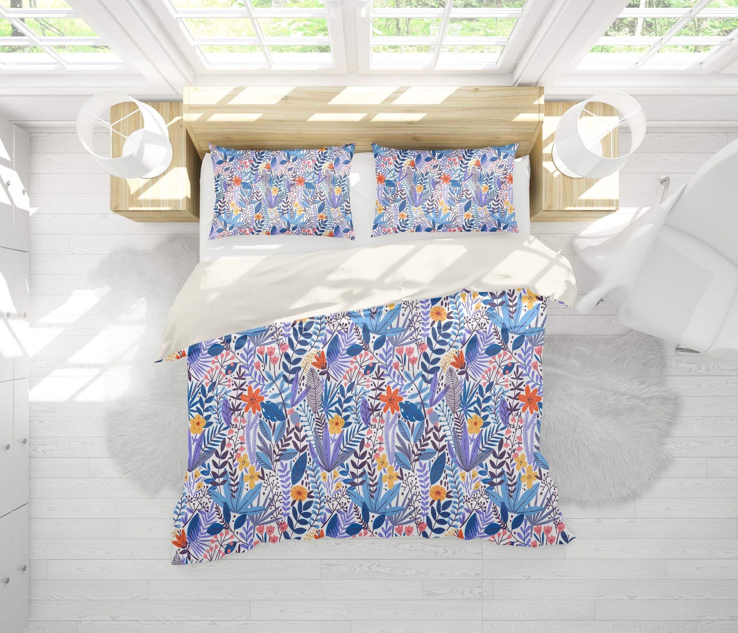 3d Blue Floral Leaves Branch Bedding Set