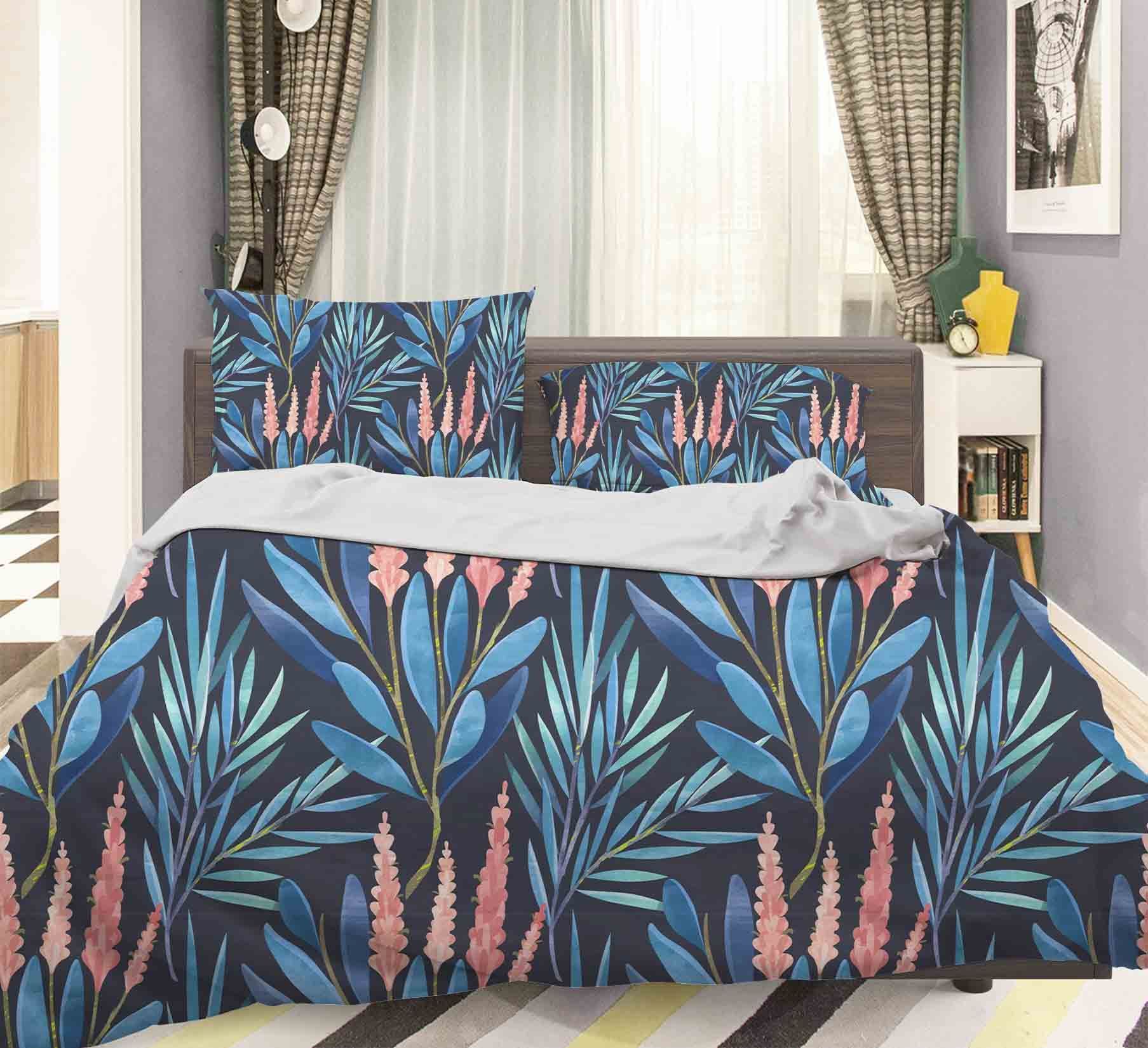 3d Blue Flower And Leaves Bedding Set