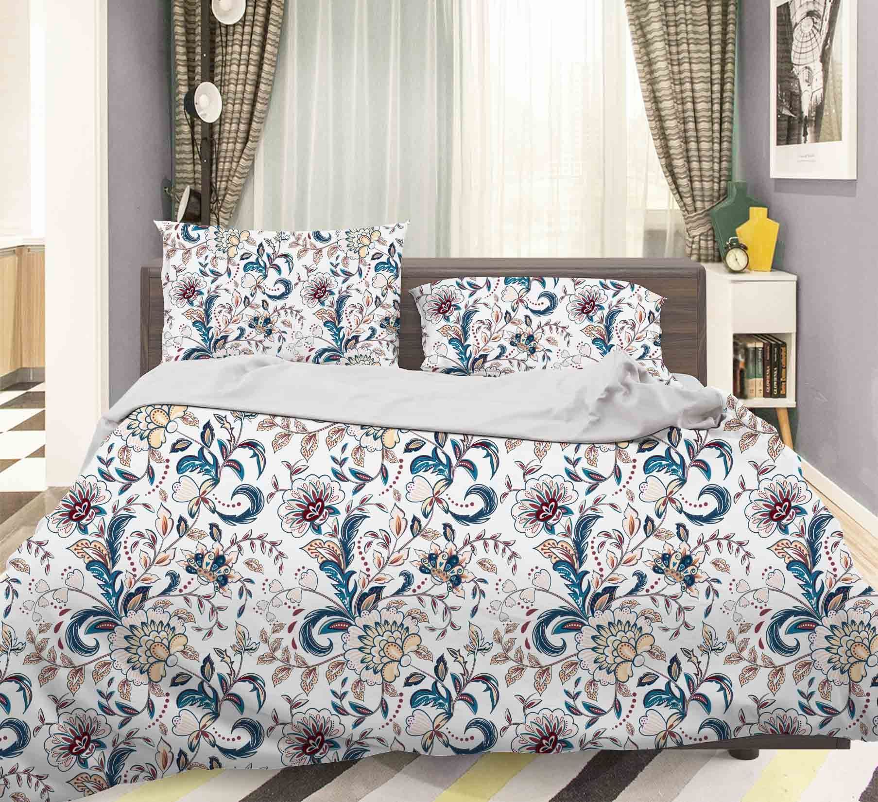 3d Blue Flowers Leaves Bedding Set