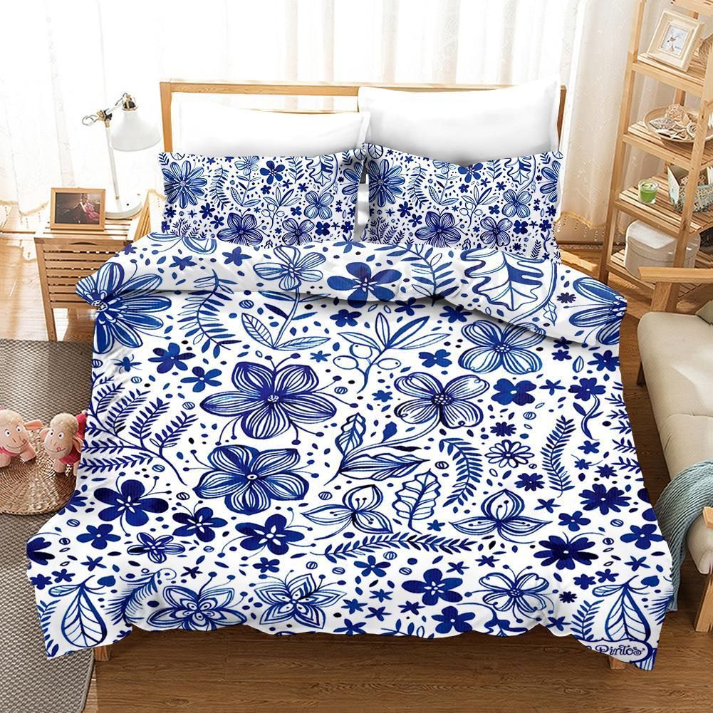 3d Blue Flowers Pattern Bedding Set
