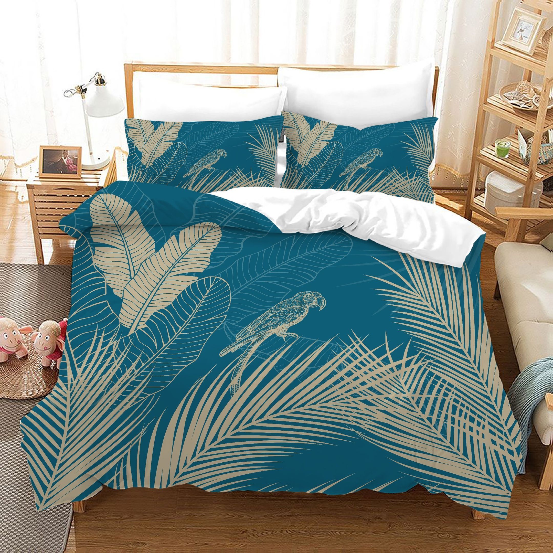3d Blue Freehand Sketching Tropical Plants Bedding Set