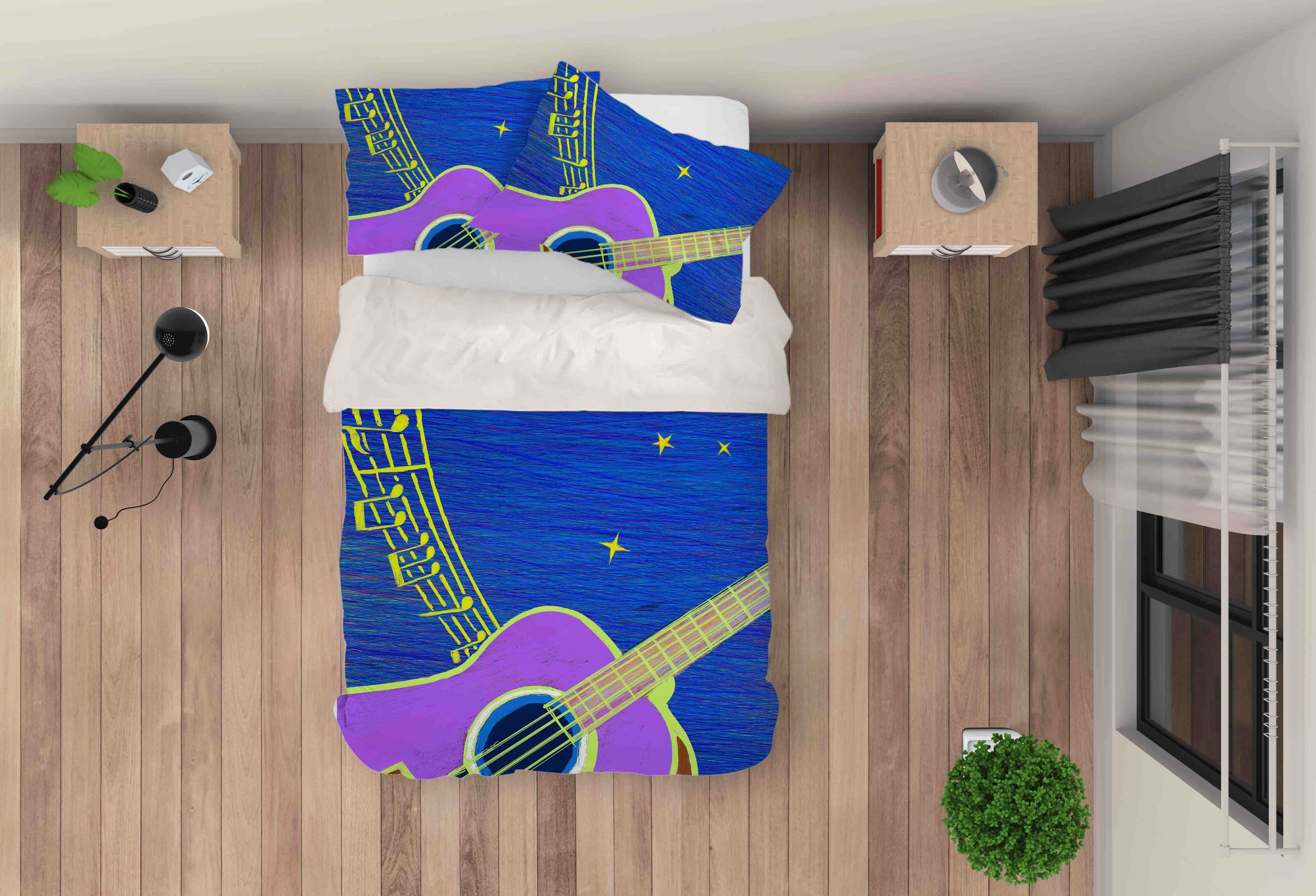 3d Blue Guitar Note Music Bedding Set