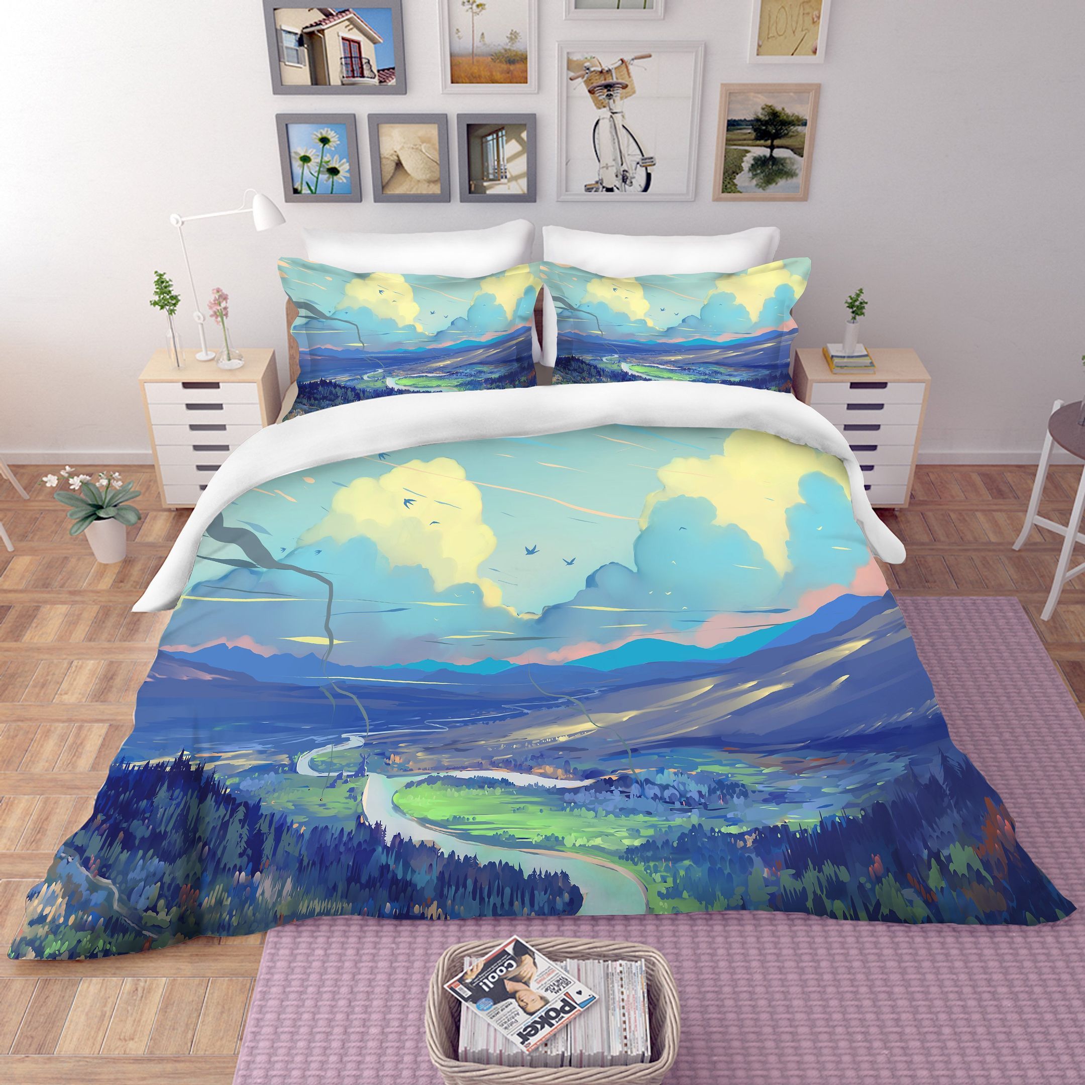 3d Blue Ink Landscape Bedding Set