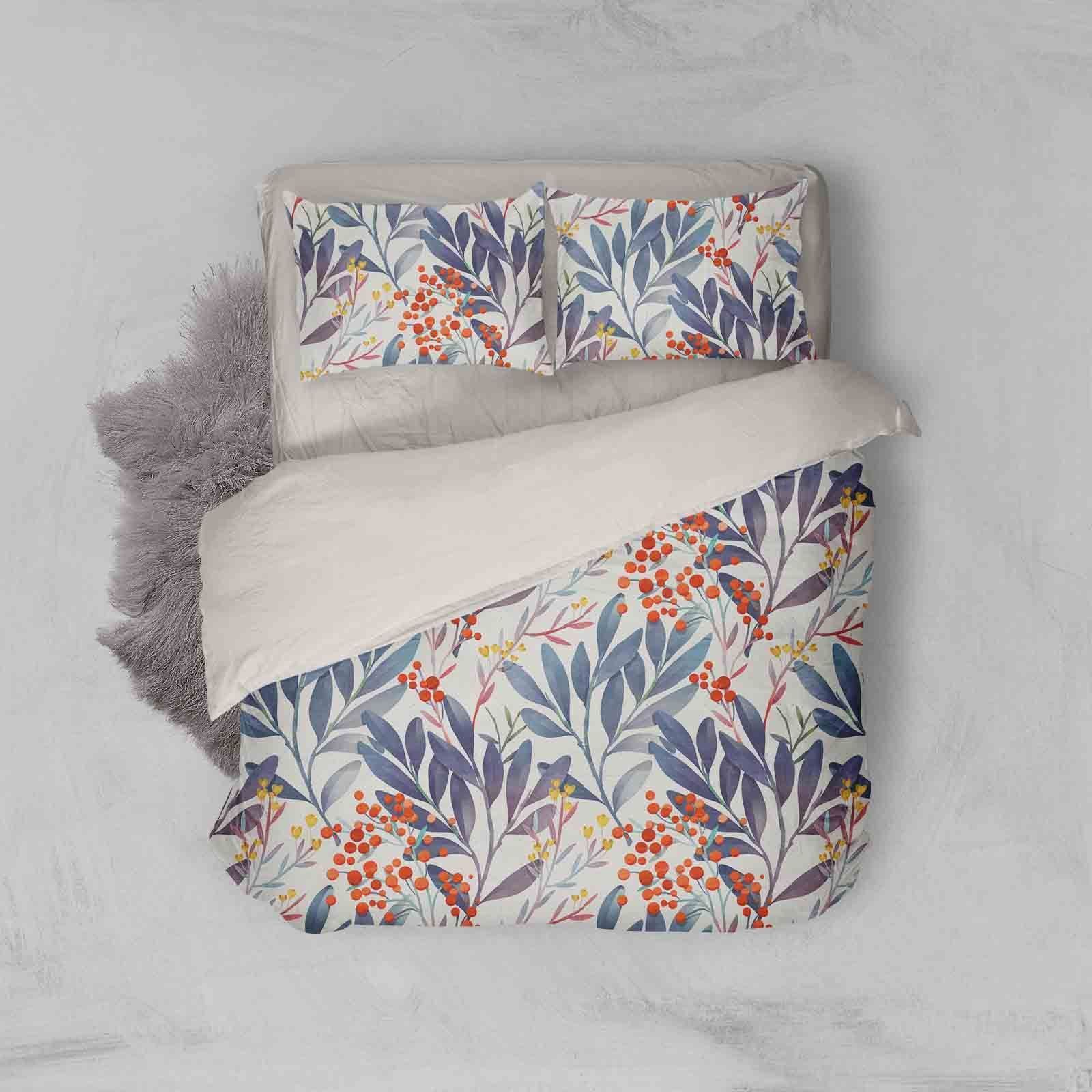 3d Blue Leaves Red Flowers Bedding Set