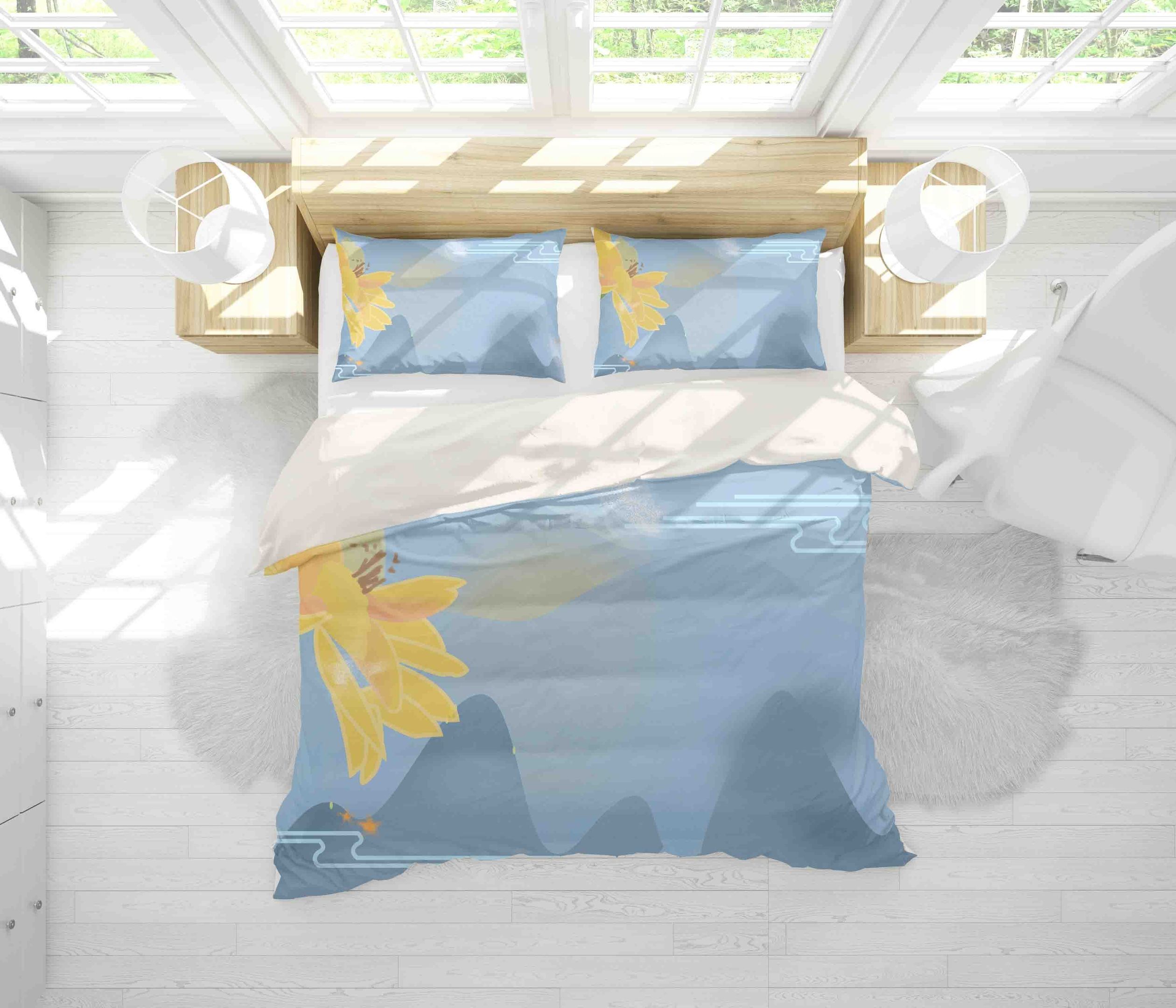 3d Blue Mountains Floral Bedding Set