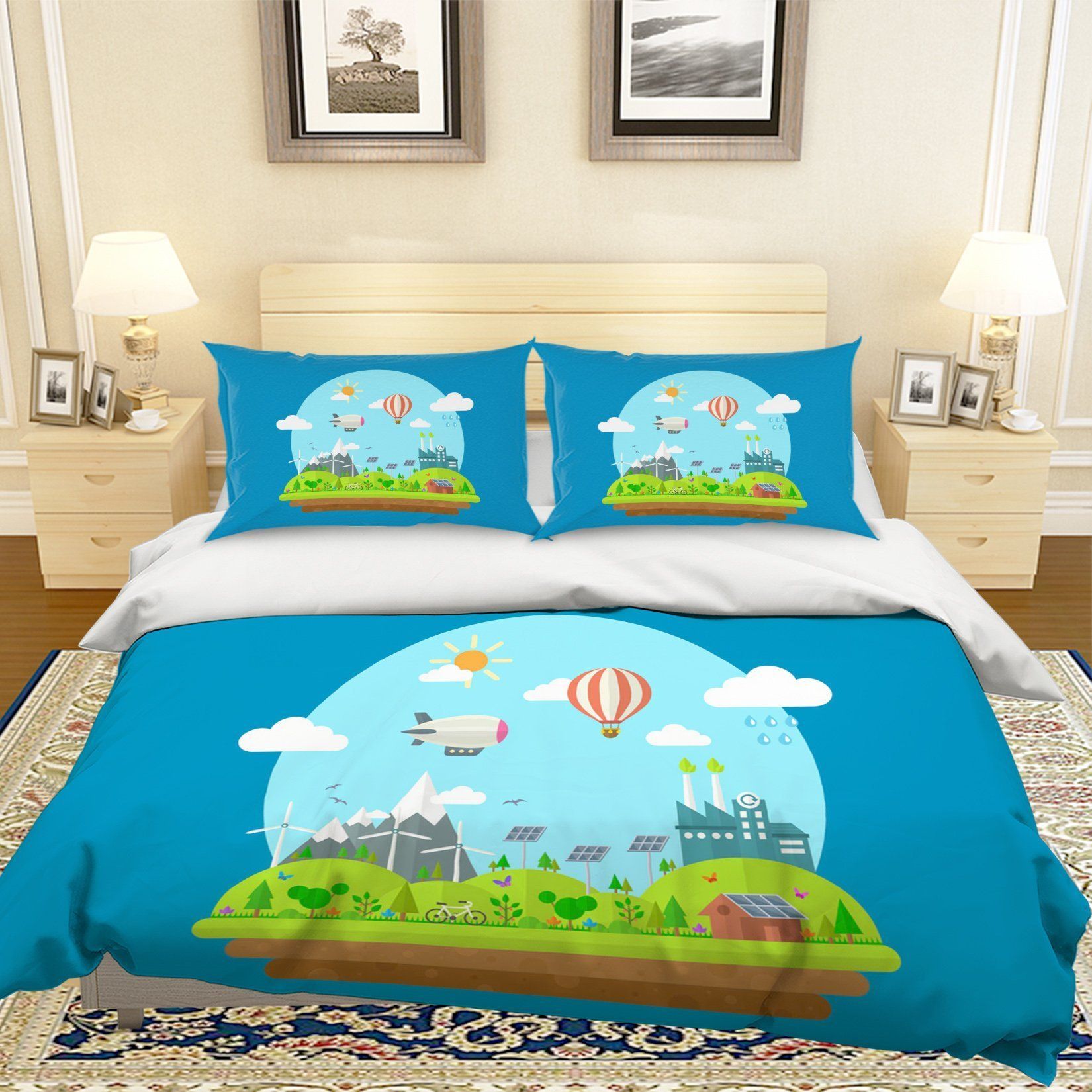 3d Blue Mountains Trees House Bike Aircraft Solar Energy Bedding Set