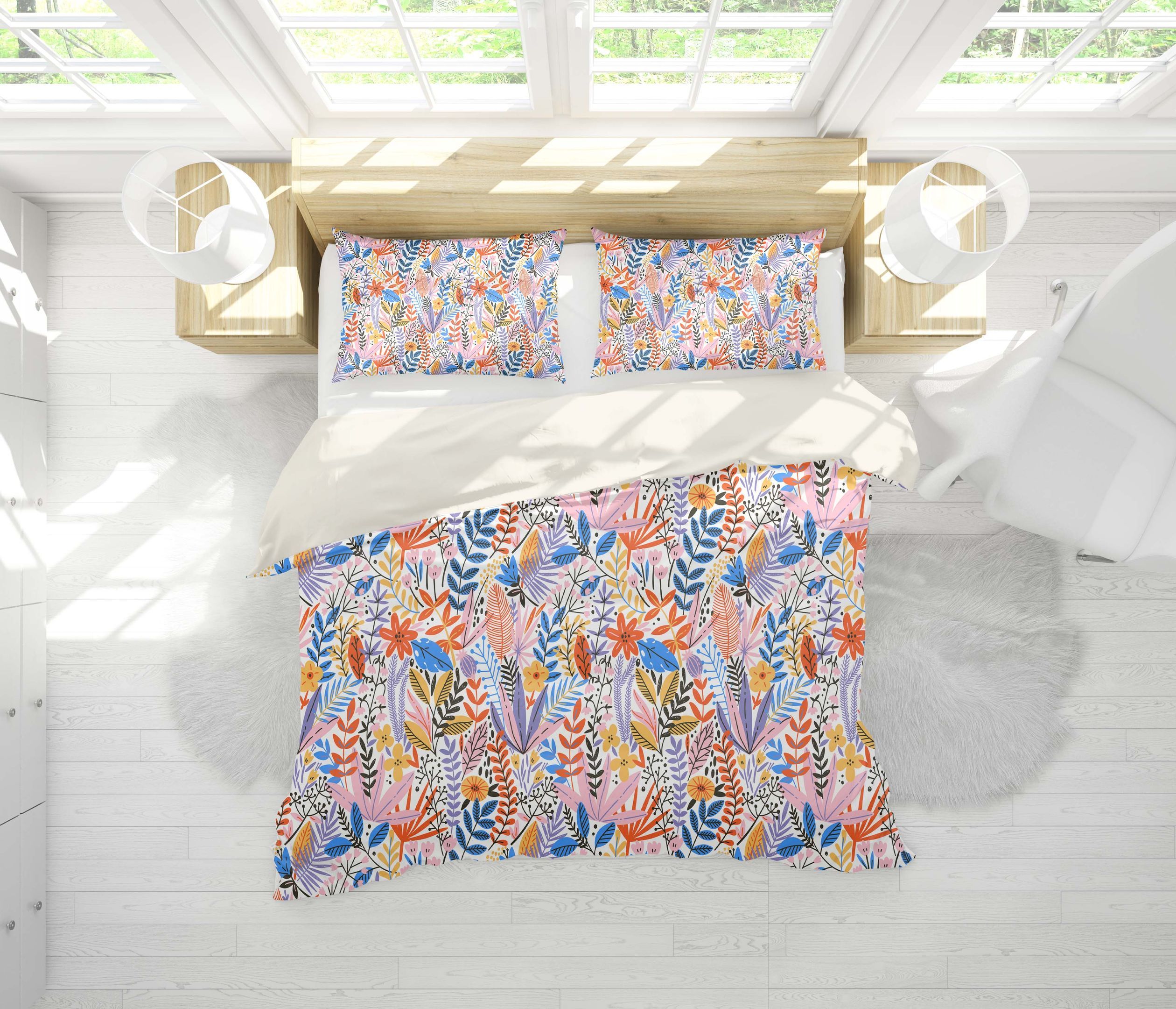 3d Blue Orange Floral Leaves Branch Comfortable Bedding Set