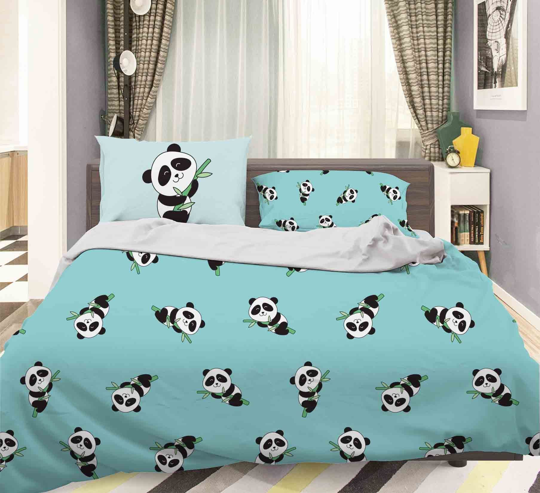 3d Blue Panda Bedding Set