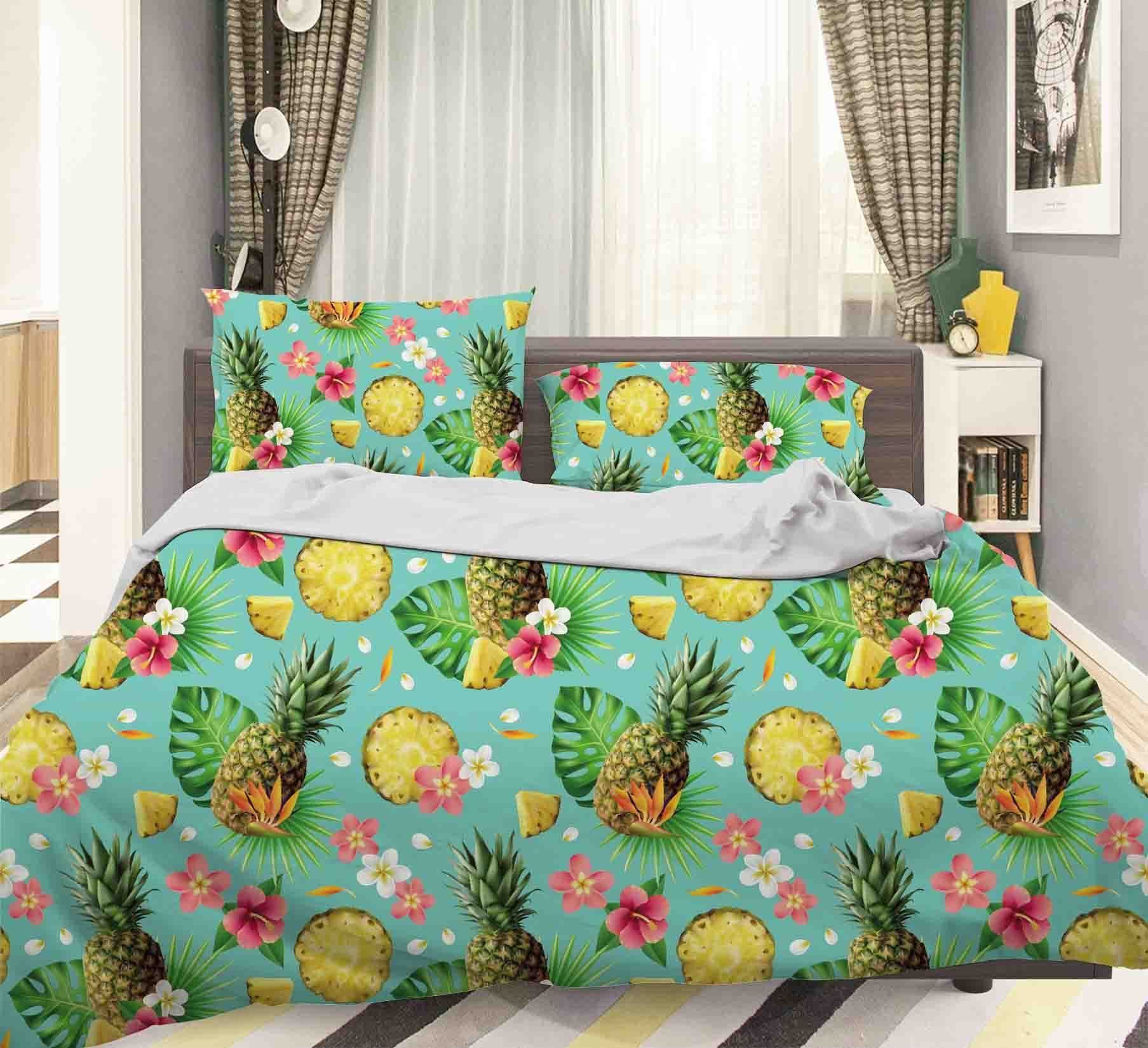 3d Blue Pineapple Floral Bedding Set