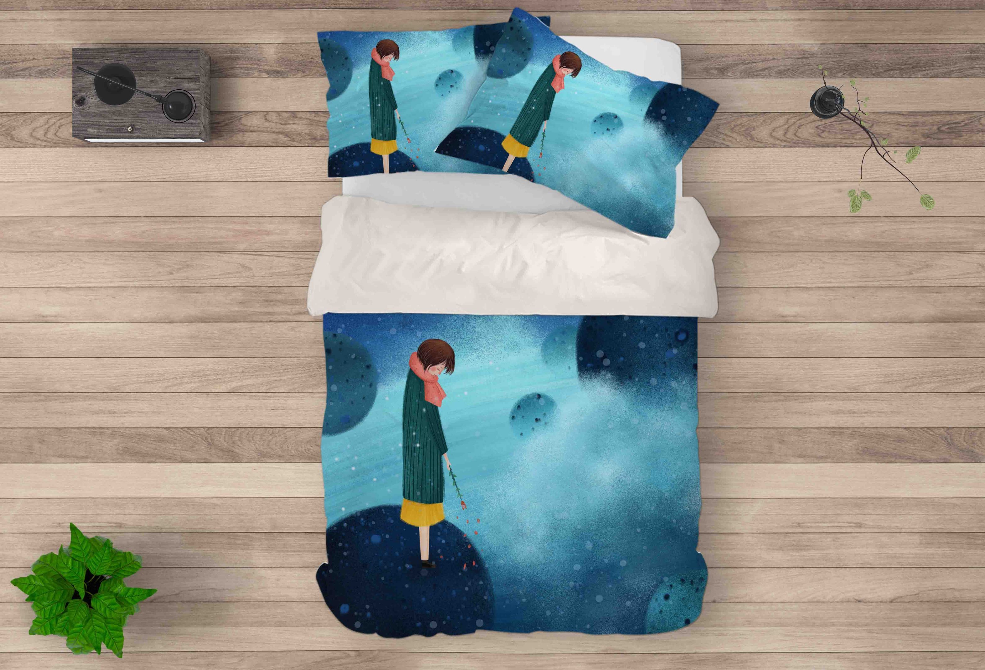 3d Blue Planet Lonely Girl Bedding Set
