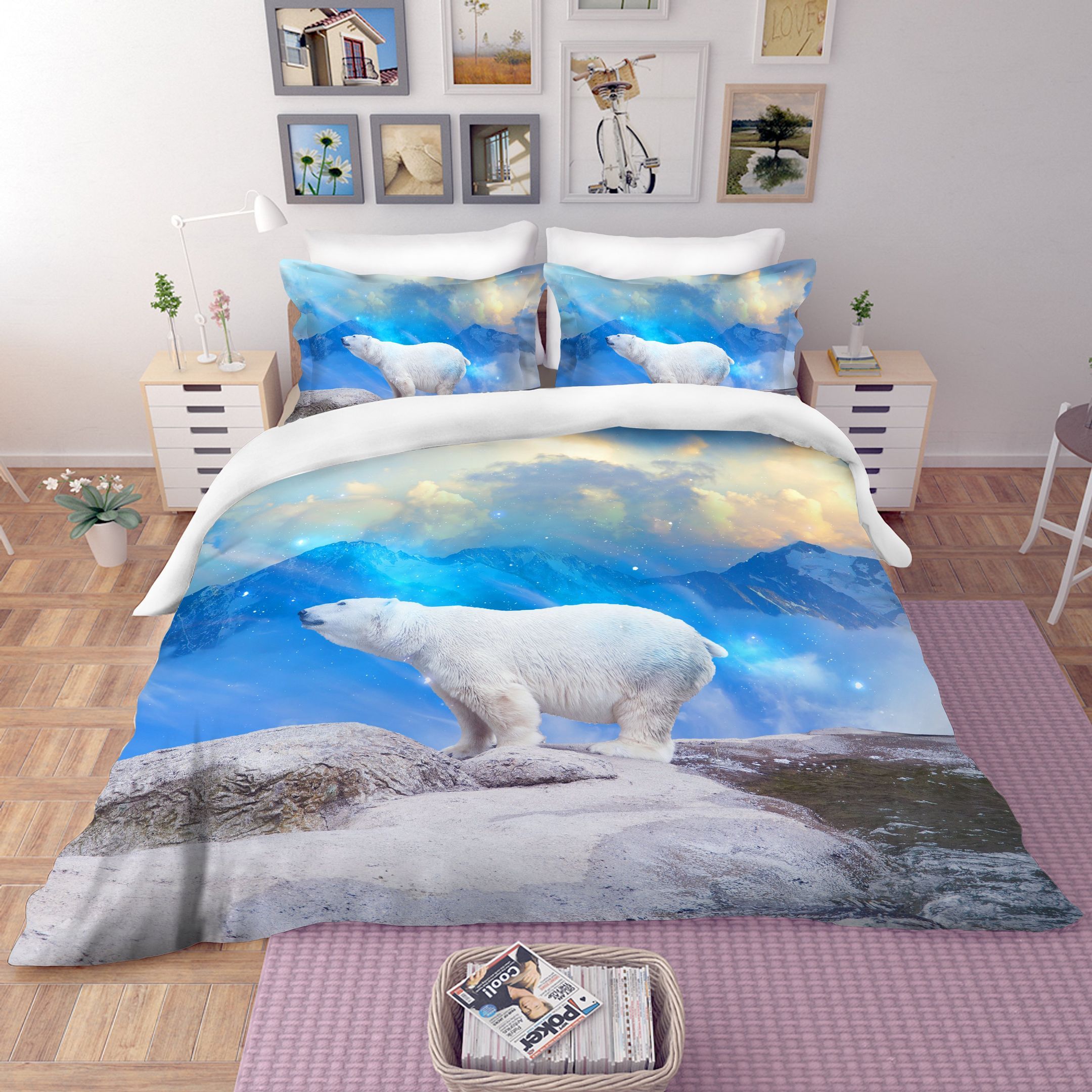 3d Blue Polar Bear Mountains Sky Bedding Set