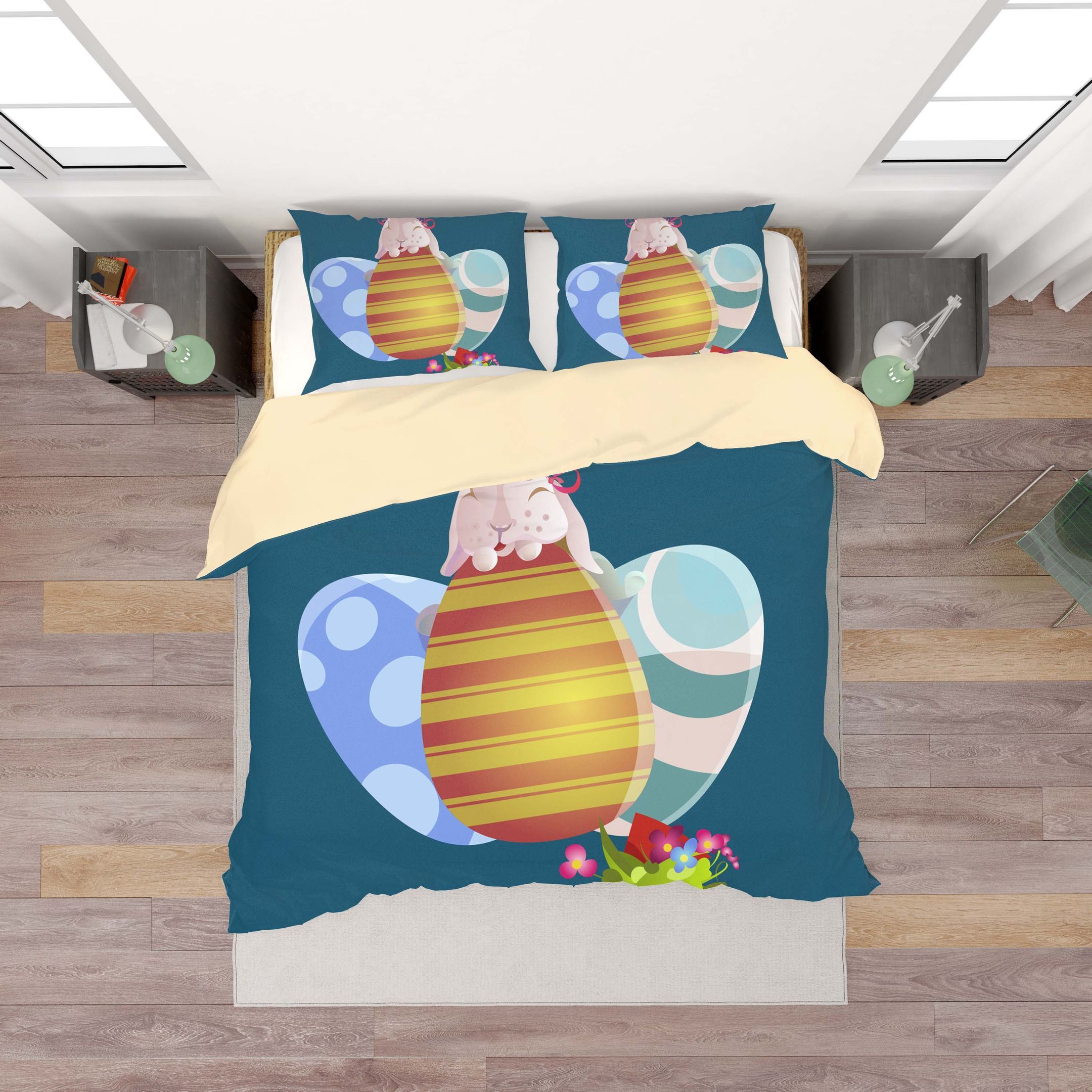 3d Blue Rabbit Eggs Floral Bedding Set