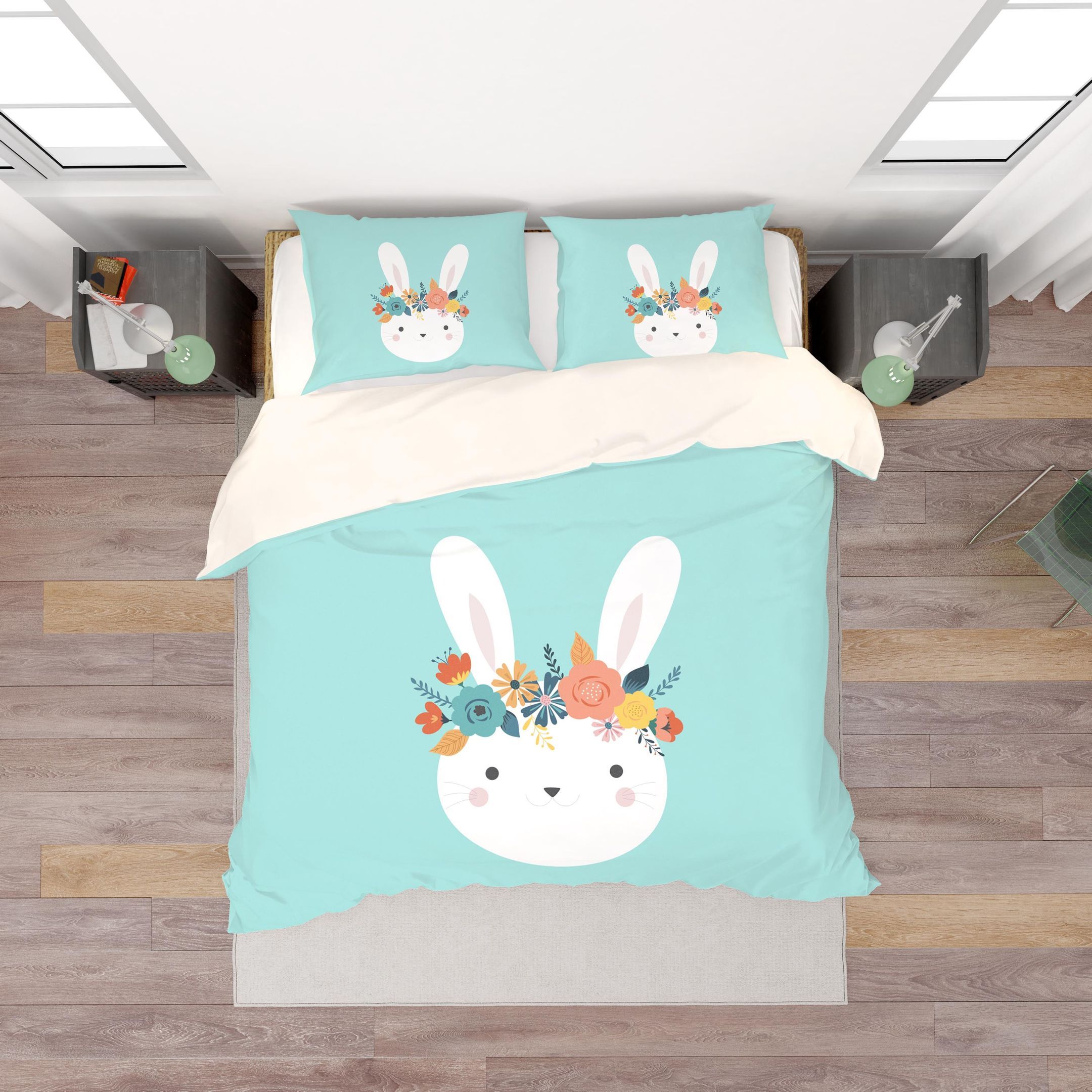 3d Blue Rabbit Head Floral Bedding Set