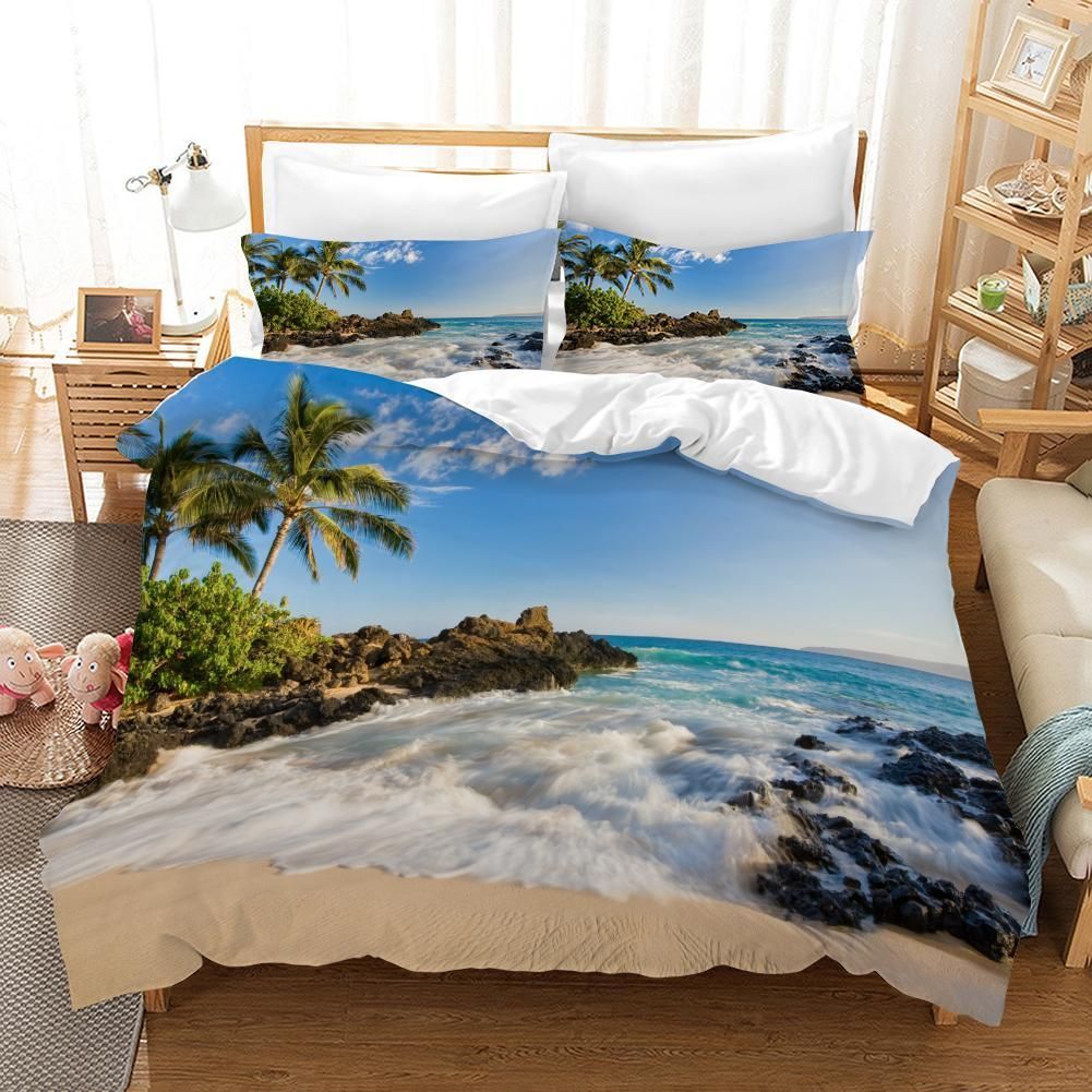 3d Blue Sea Beach Tree Landscape Bedding Set