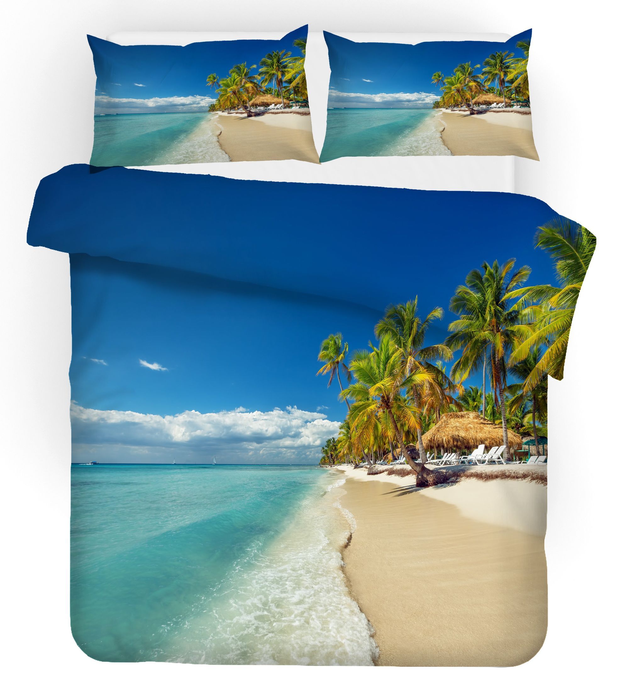 3d Blue Sea Beach Tropical Palm Tree Bedding Set