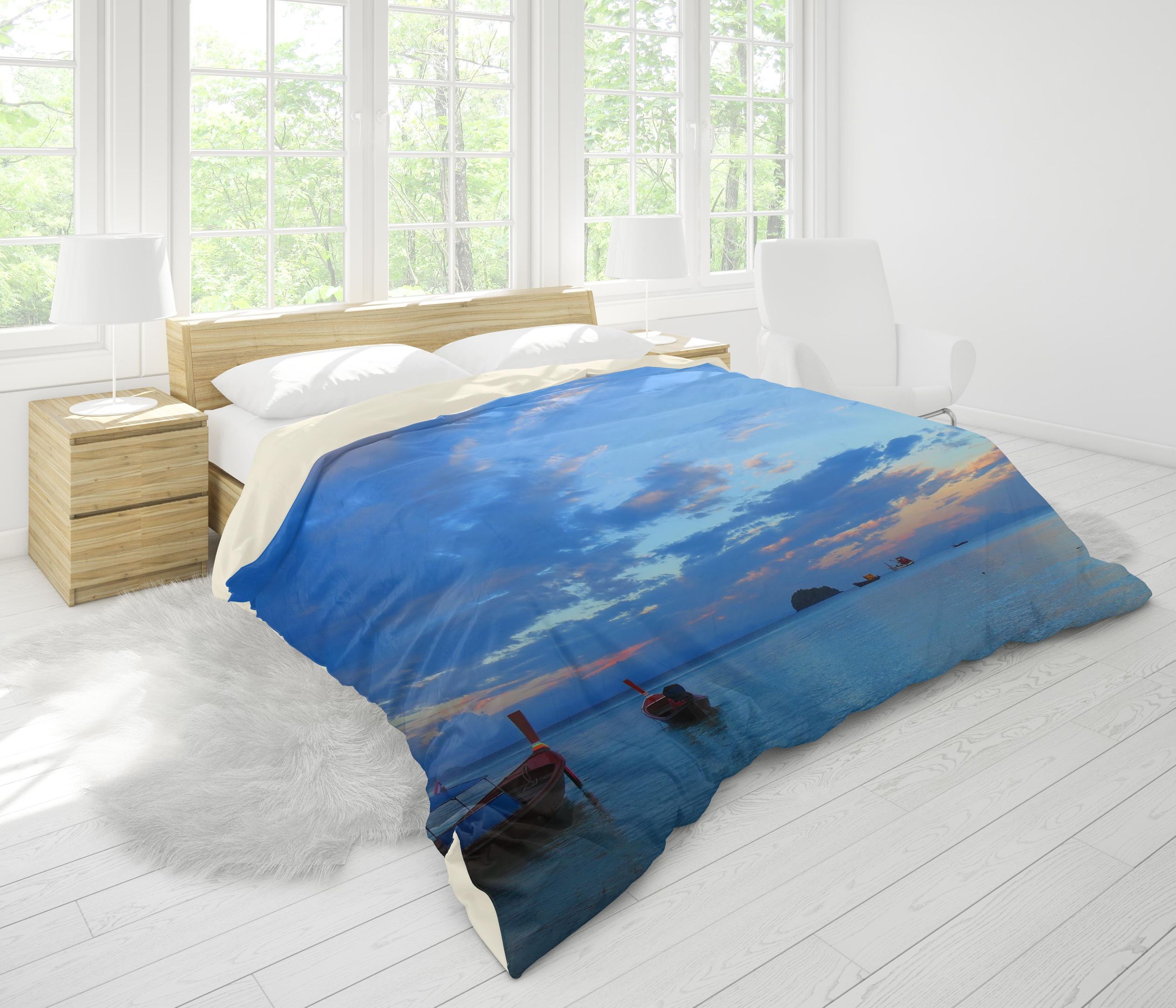 3d Blue Sea Sky Boat Bedding Set