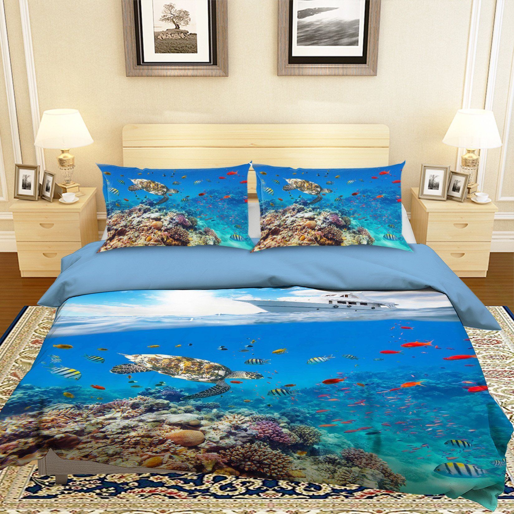 3d Blue Sea Turtle Yacht Fish Coral Bedding Set