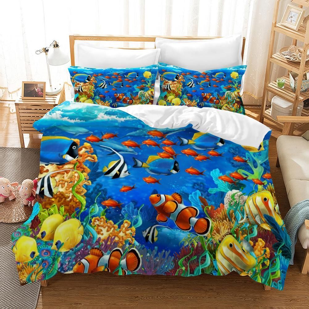 3d Blue Seabed Ocean Fish Printed Bedding Set