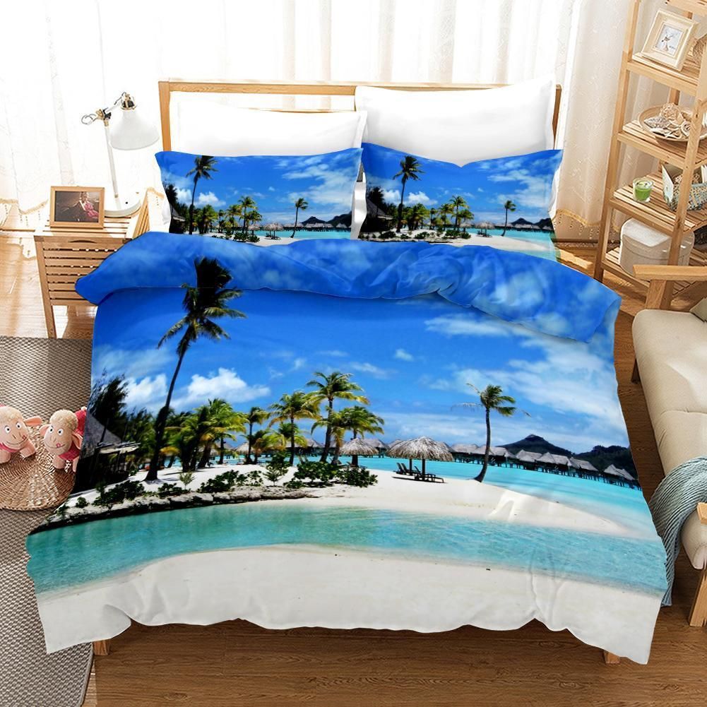 3d Blue Sky Sea Coconut Tree Bedding Set