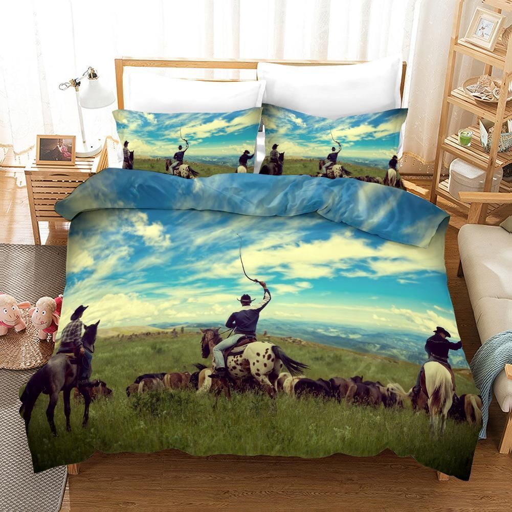 3d Blue Sky White Clouds Cowboy Horses Bedding Set