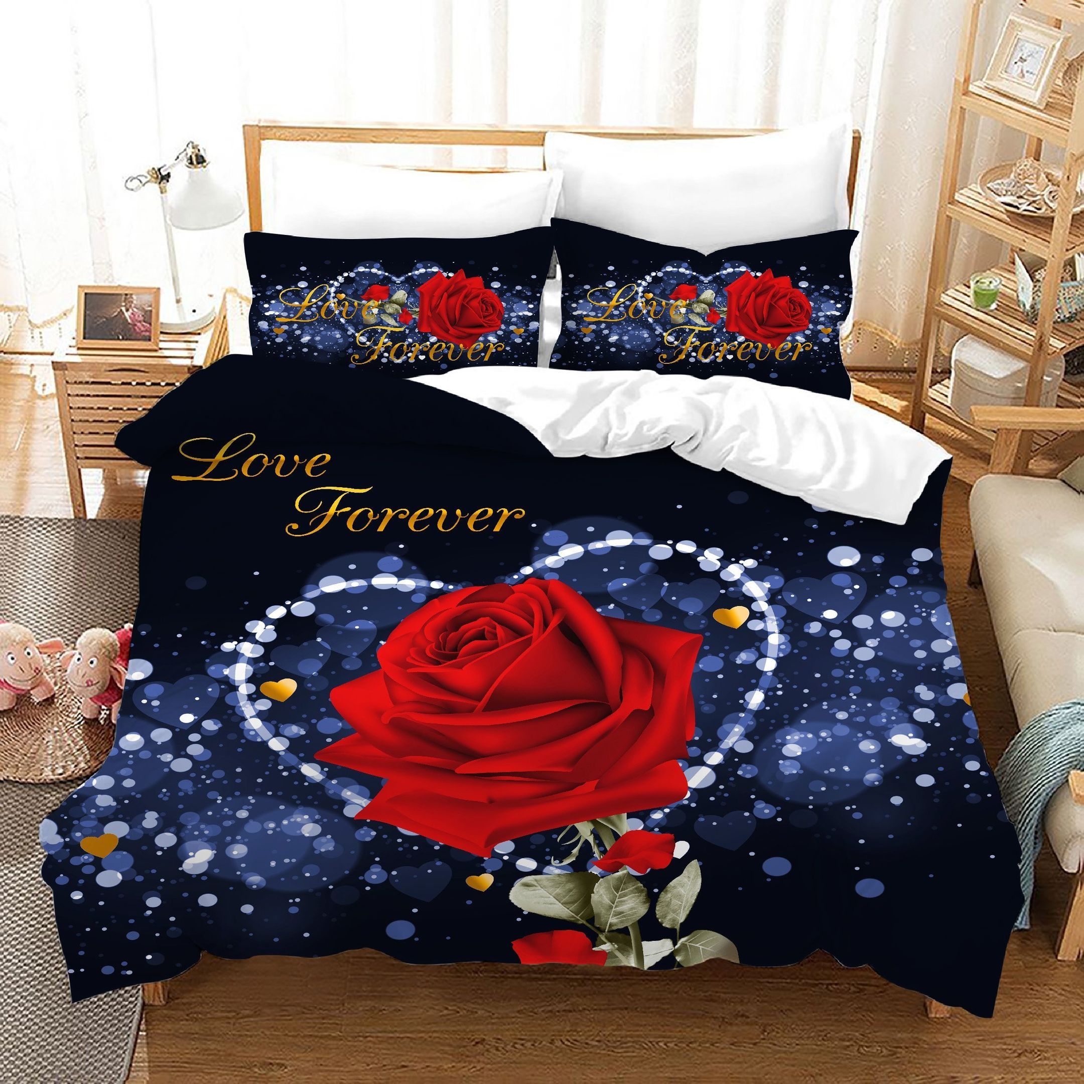 3d Blue Starry Sky Red Rosy Floral Bedding Set