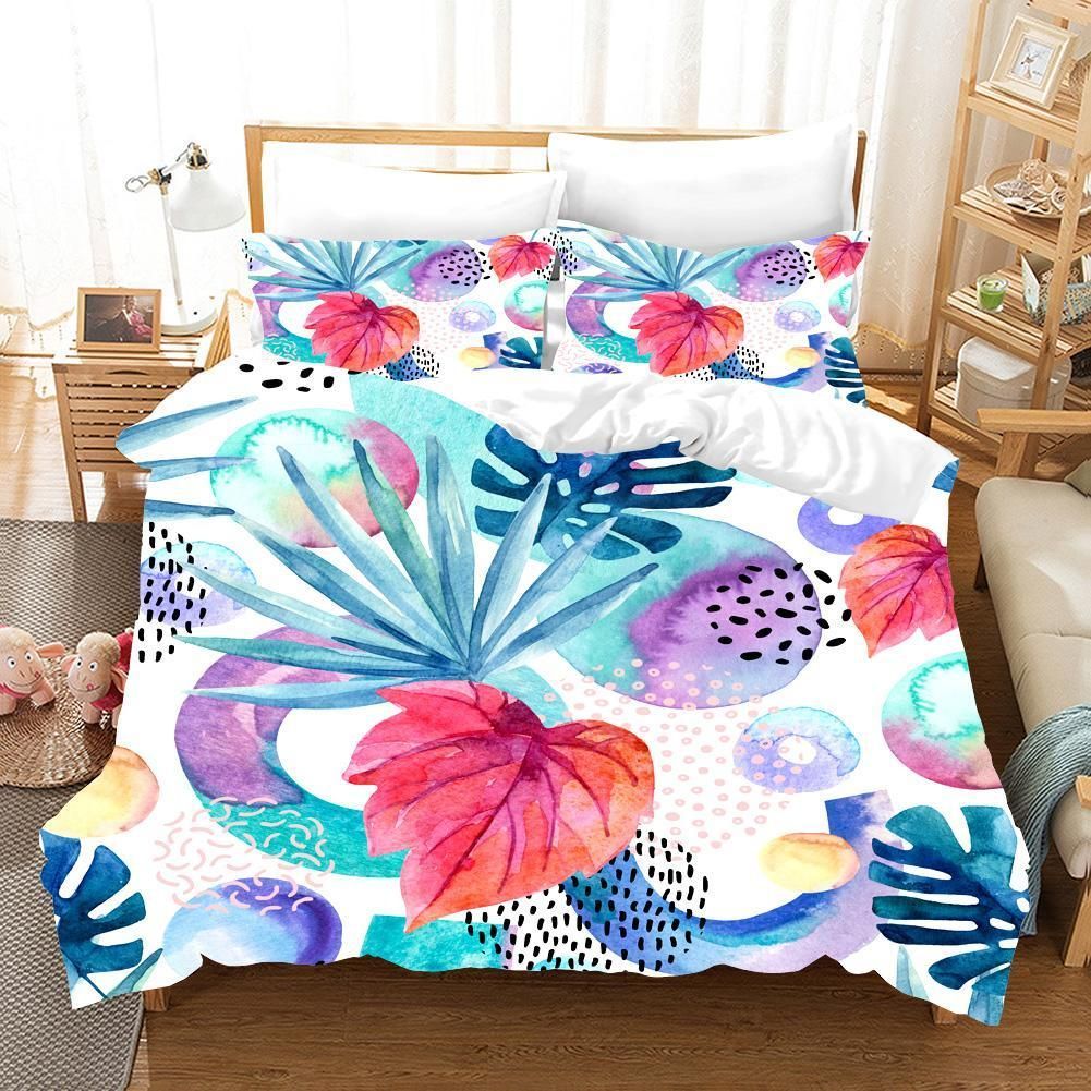 3d Blue Watercolor Circle Leaves Bedding Set