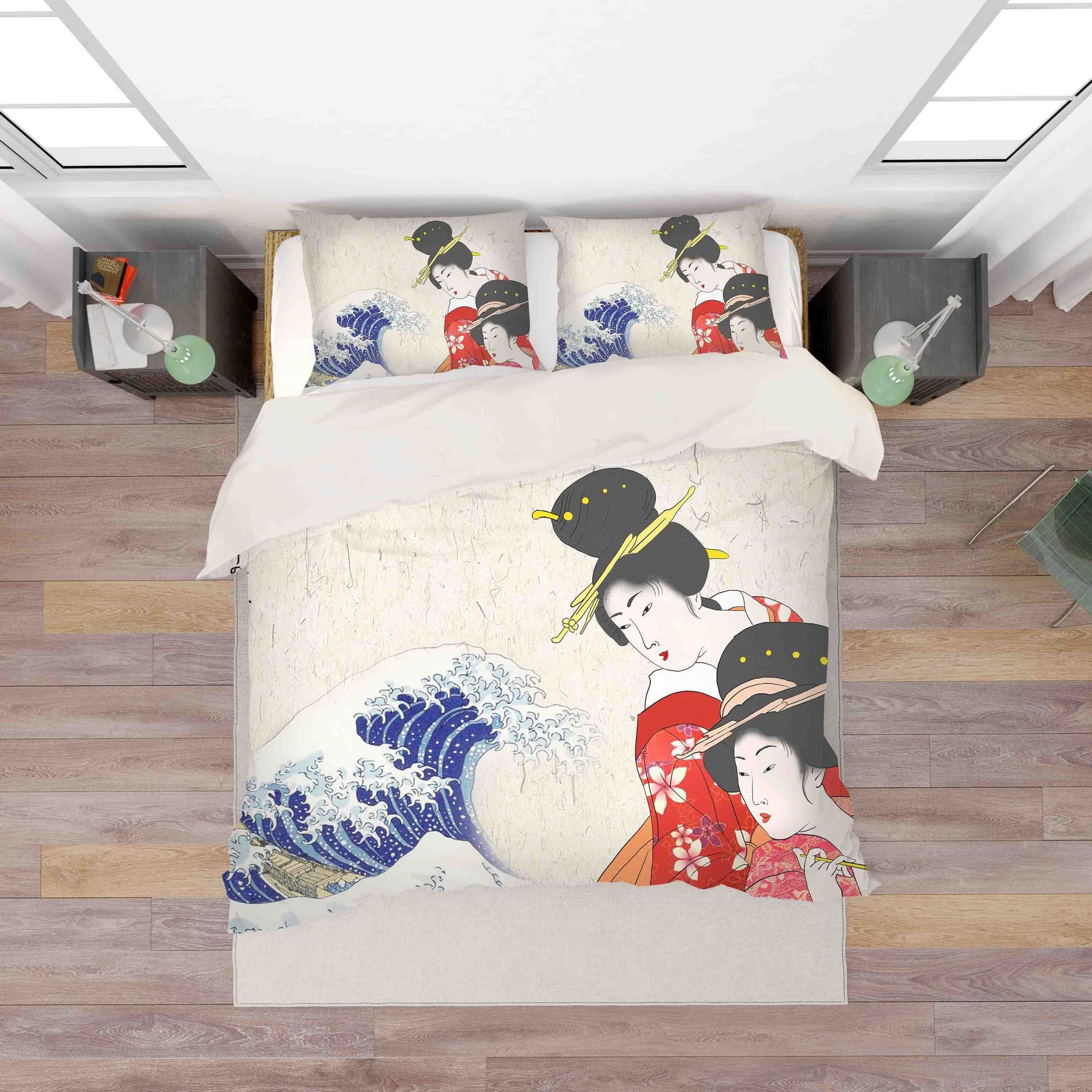 3d Blue Waves Kimono Woman Bedding Set