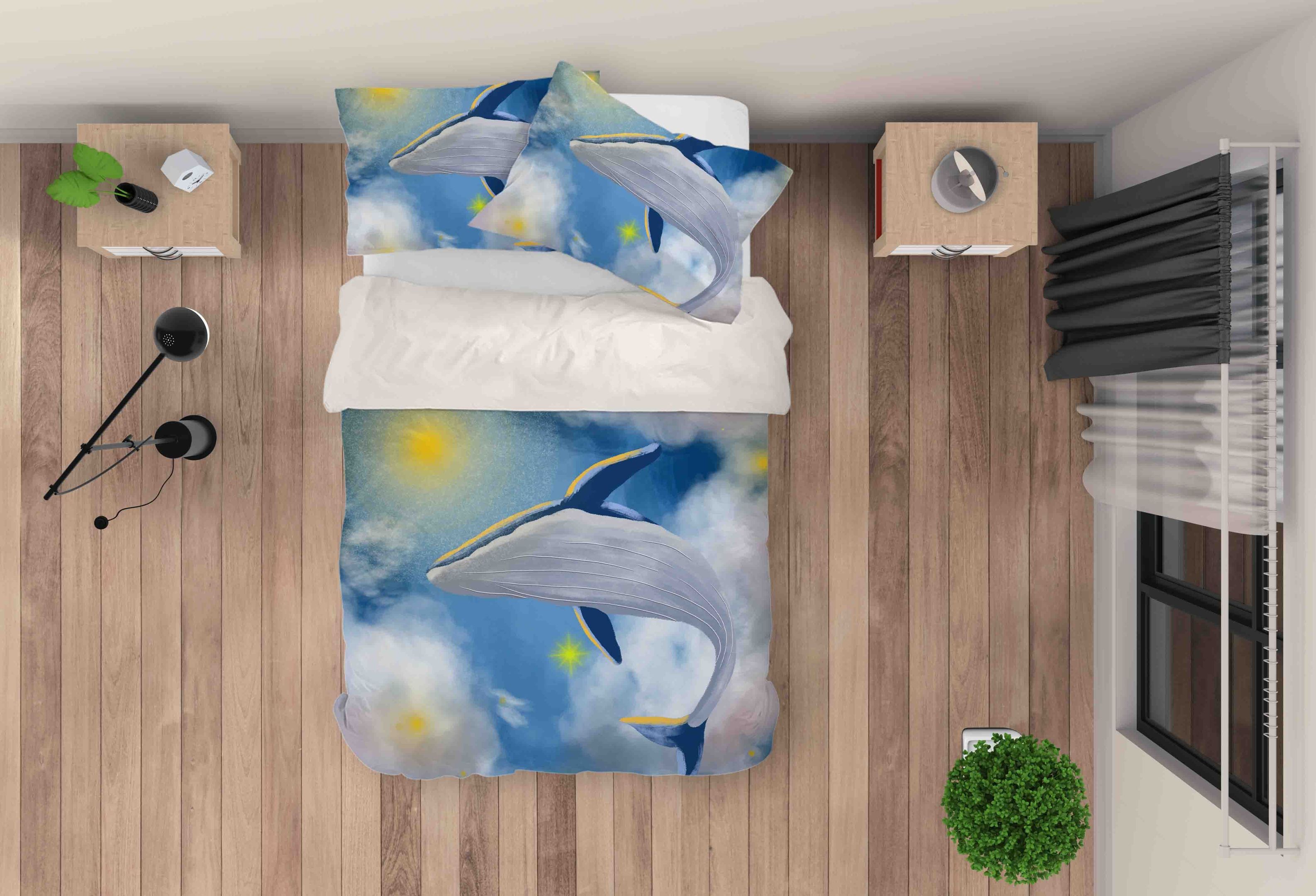 3d Blue Whale And Sun Bedding Set