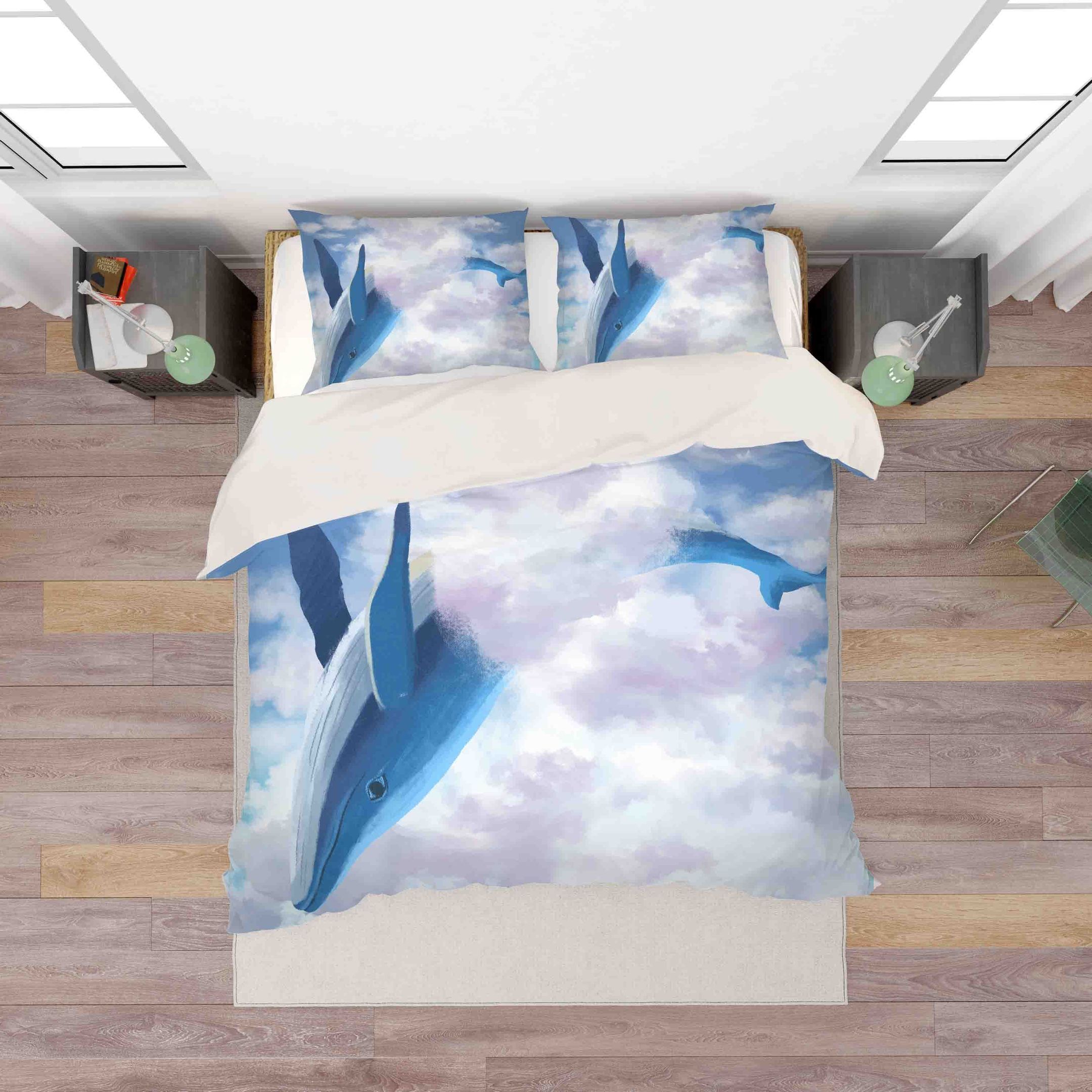 3d Blue Whale Jumping Clouds Bedding Set