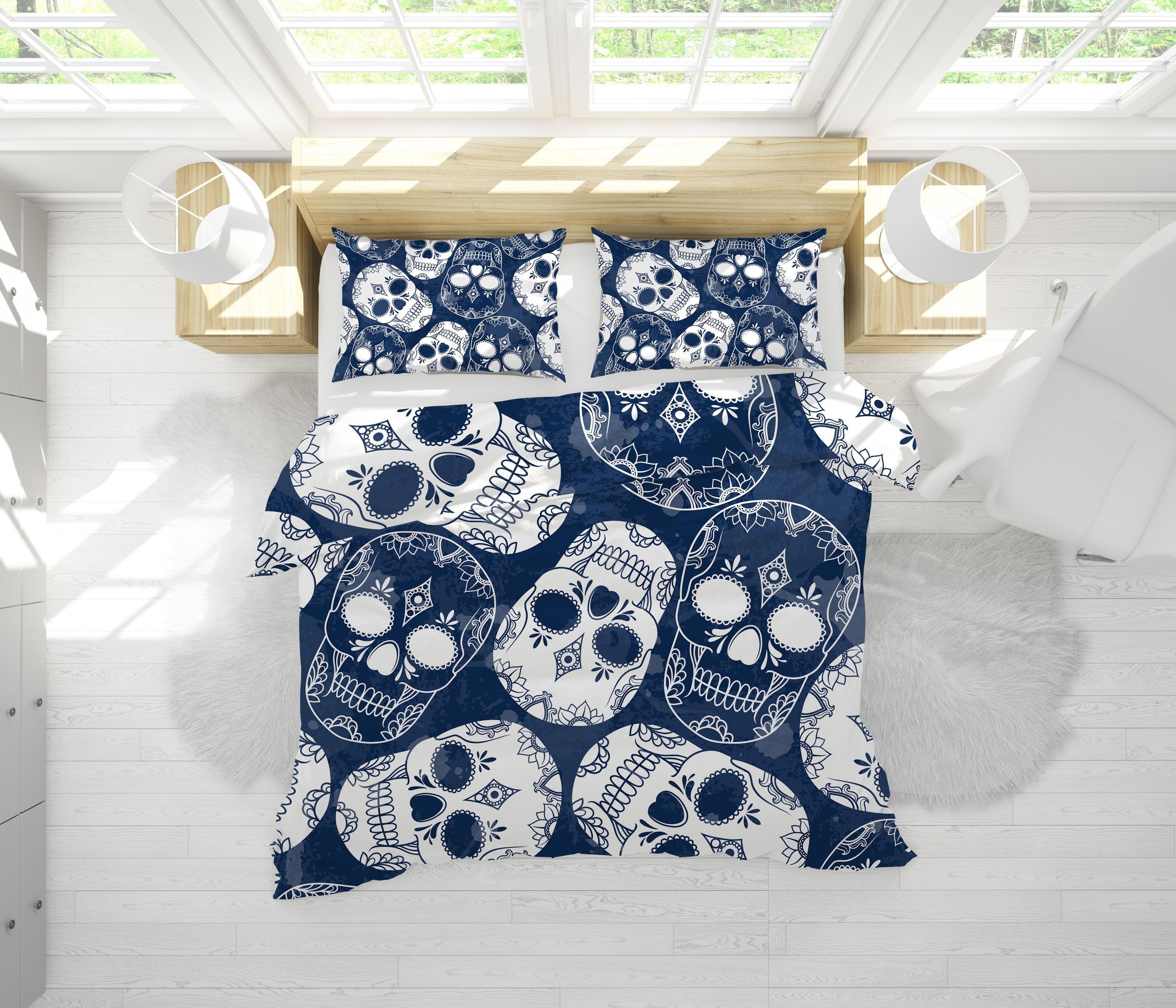 3d Blue White Skull Bedding Set