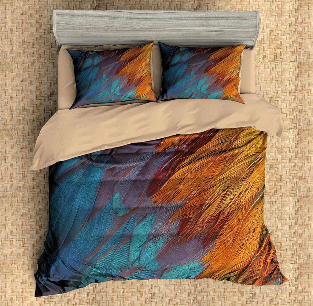 3d Brown Feather Blue And Yellow Bedding Set