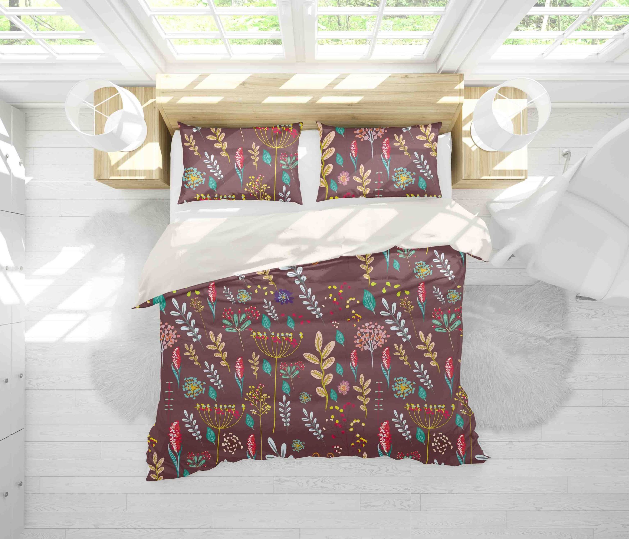 3d Brown Flowers Leaves Bedding Set