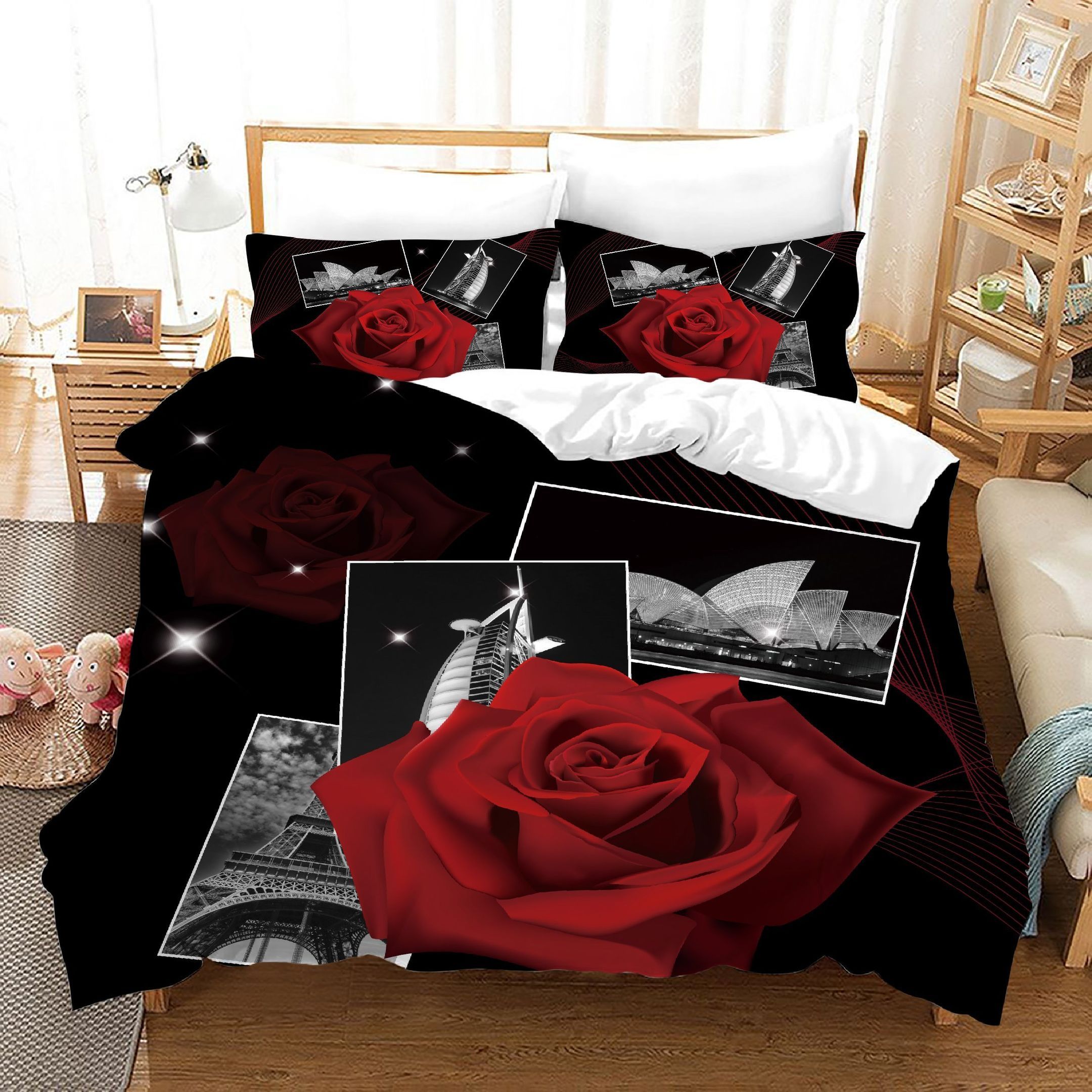 3d Building Red Rose Floral Bedding Set