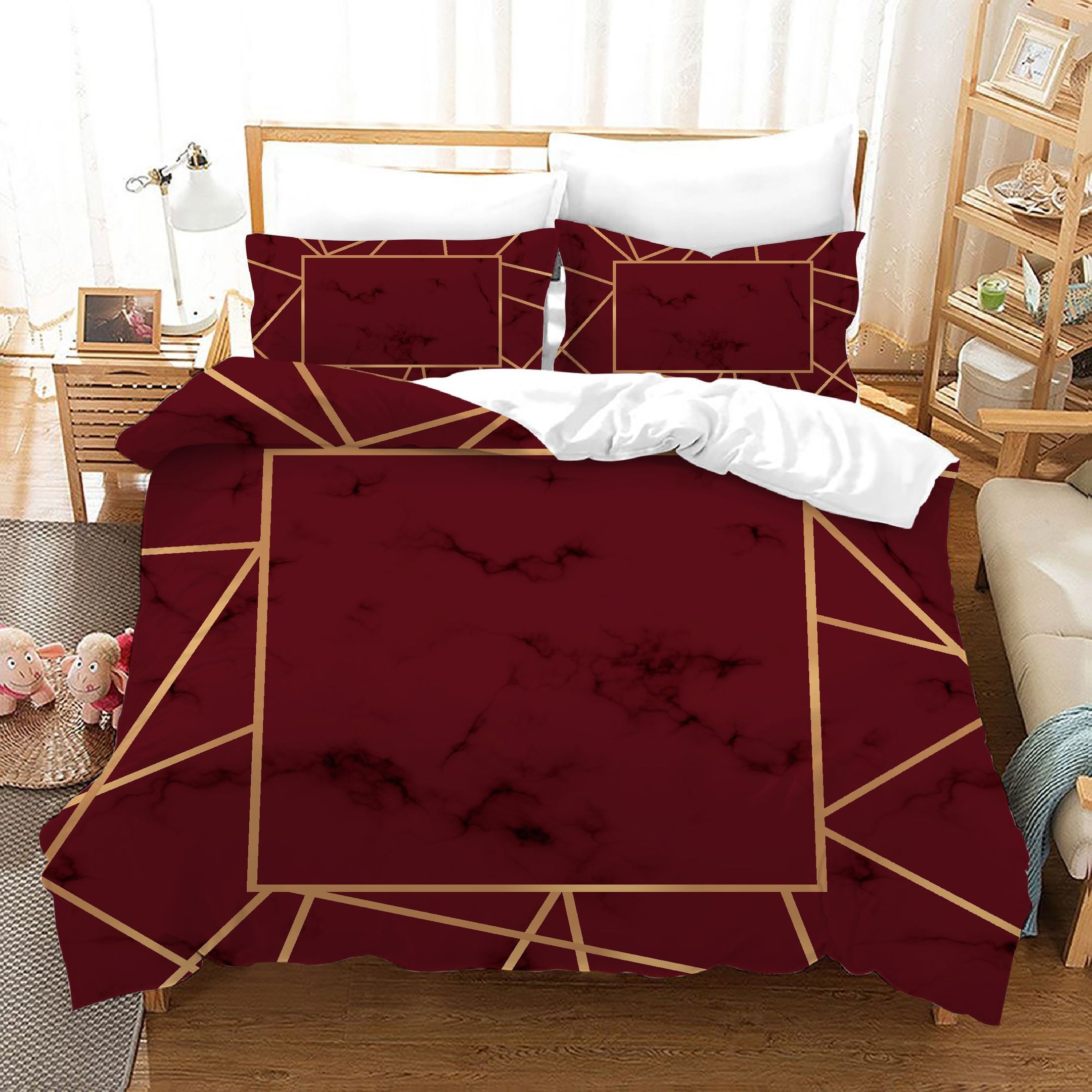 3d Burgundy Marble Pattern Bedding Set