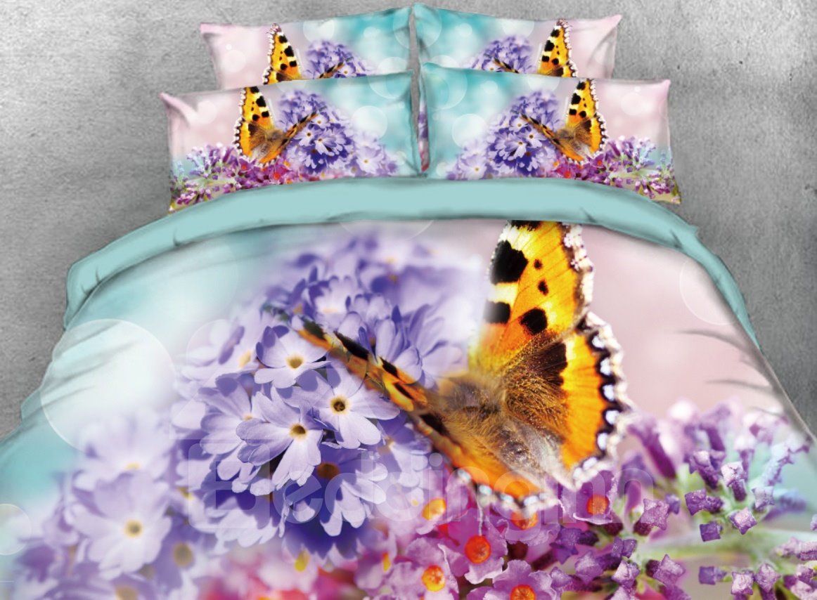 3D Butterfly And Primula Denticulata Flowers Bedding Set