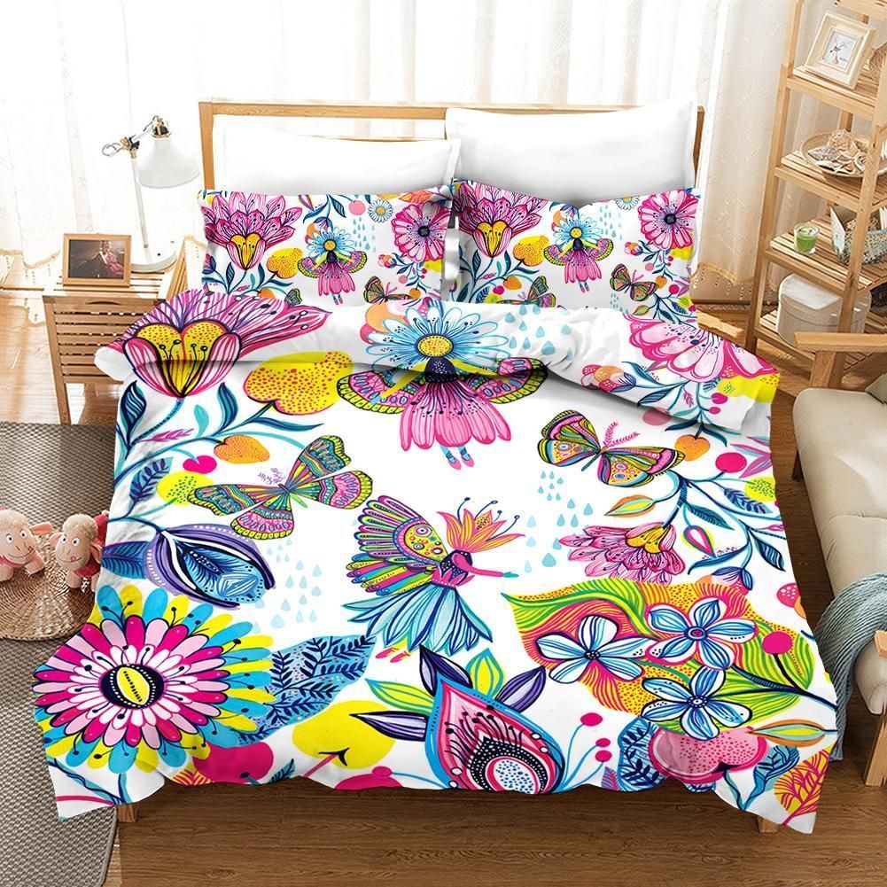 3d Butterfly Pink Floral Colorful Design Bedding Set