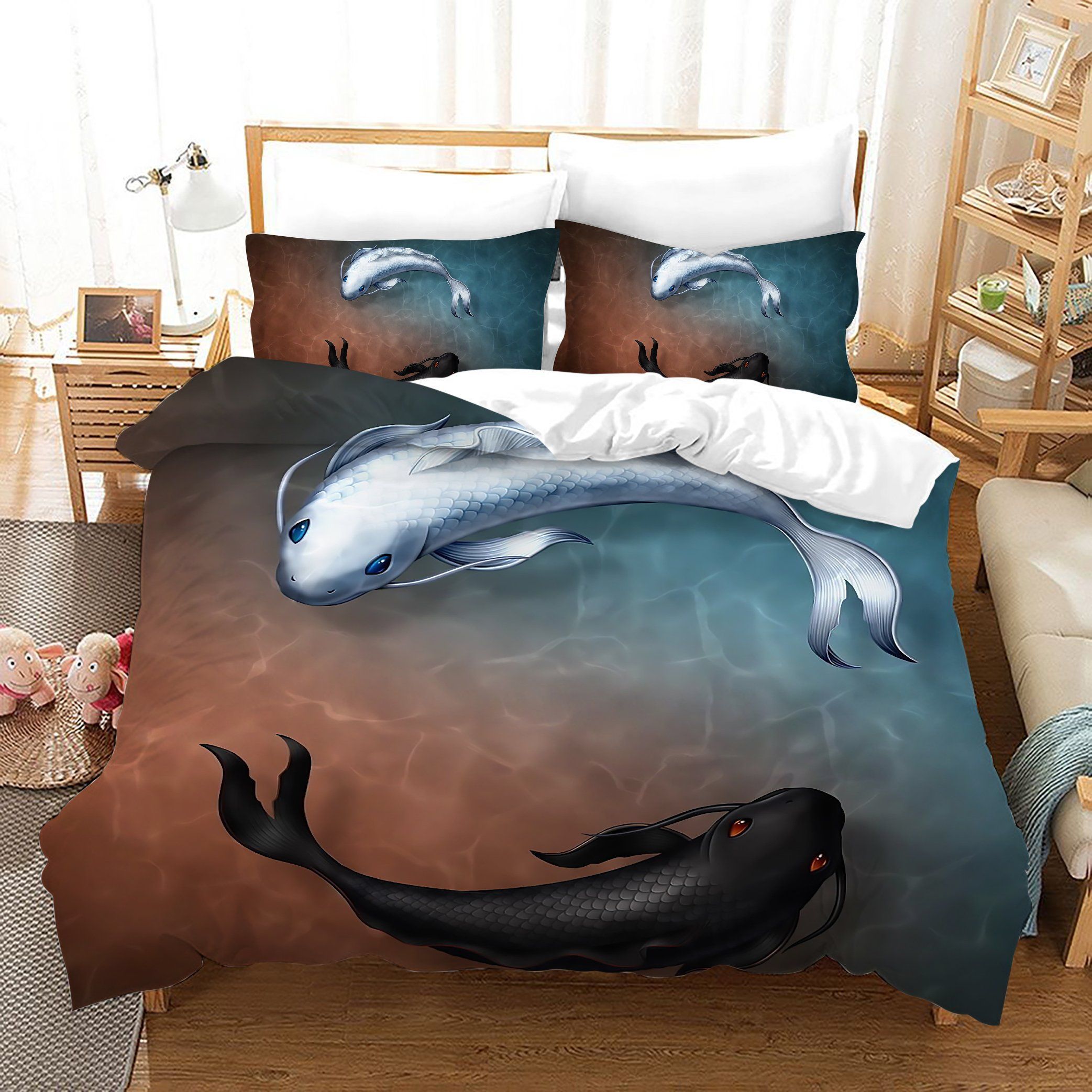 3d Carp Fish Ying And Yang Bedding Set