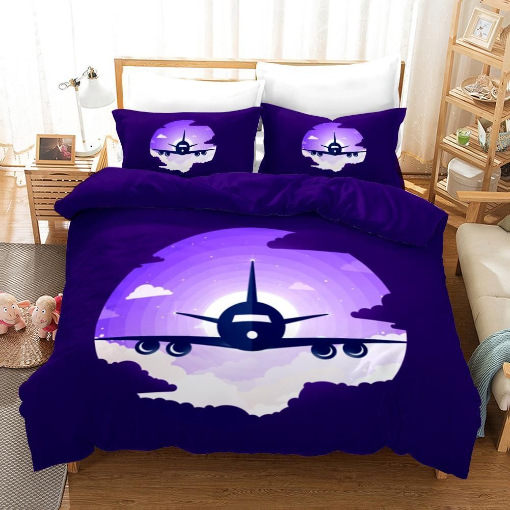 3d Cartoon Airplane Purple Bedding Set