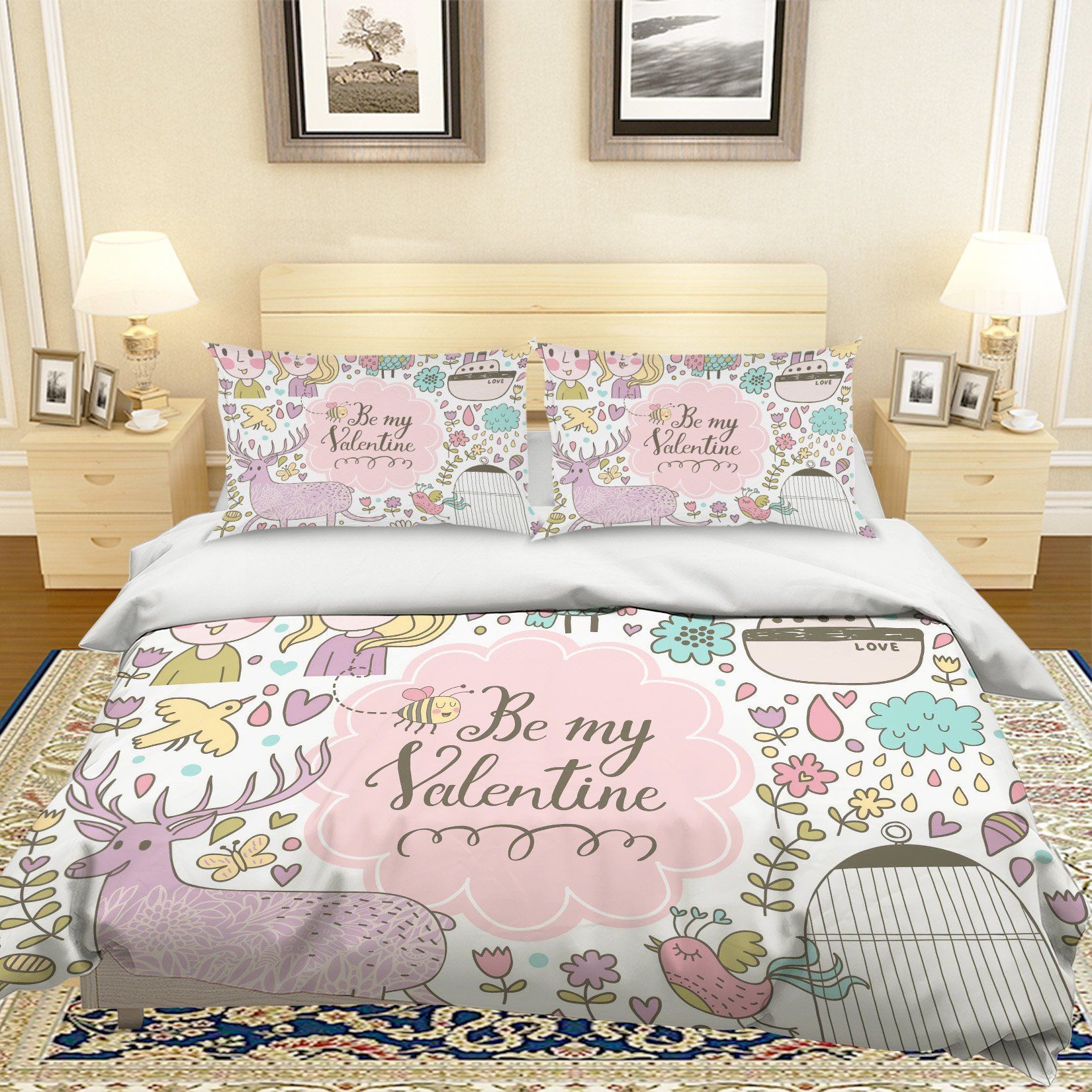 3d Cartoon Animal Flower Be My Valentine Bedding Set