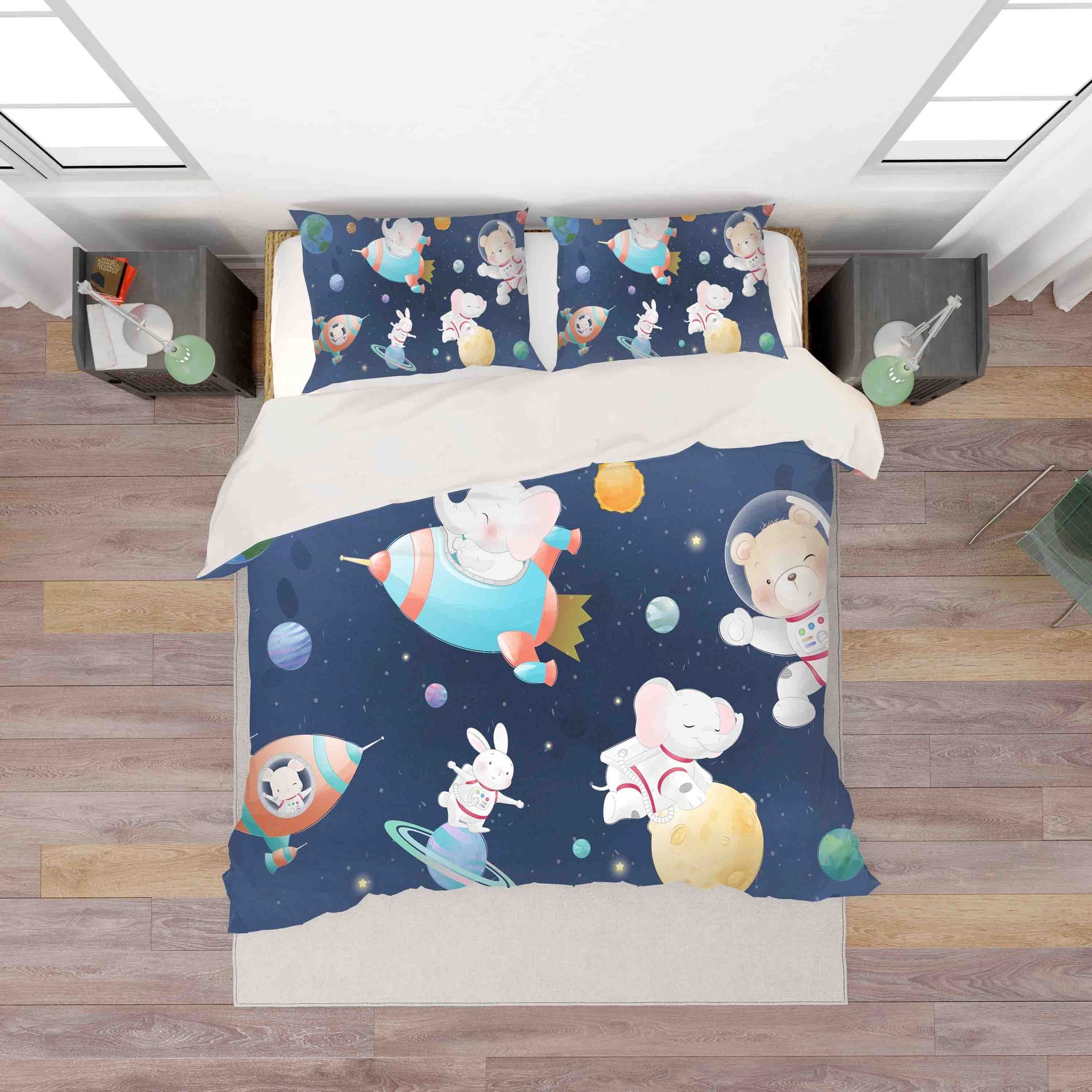 3d Cartoon Animal Planet Rocket Universe Space Bedding Set